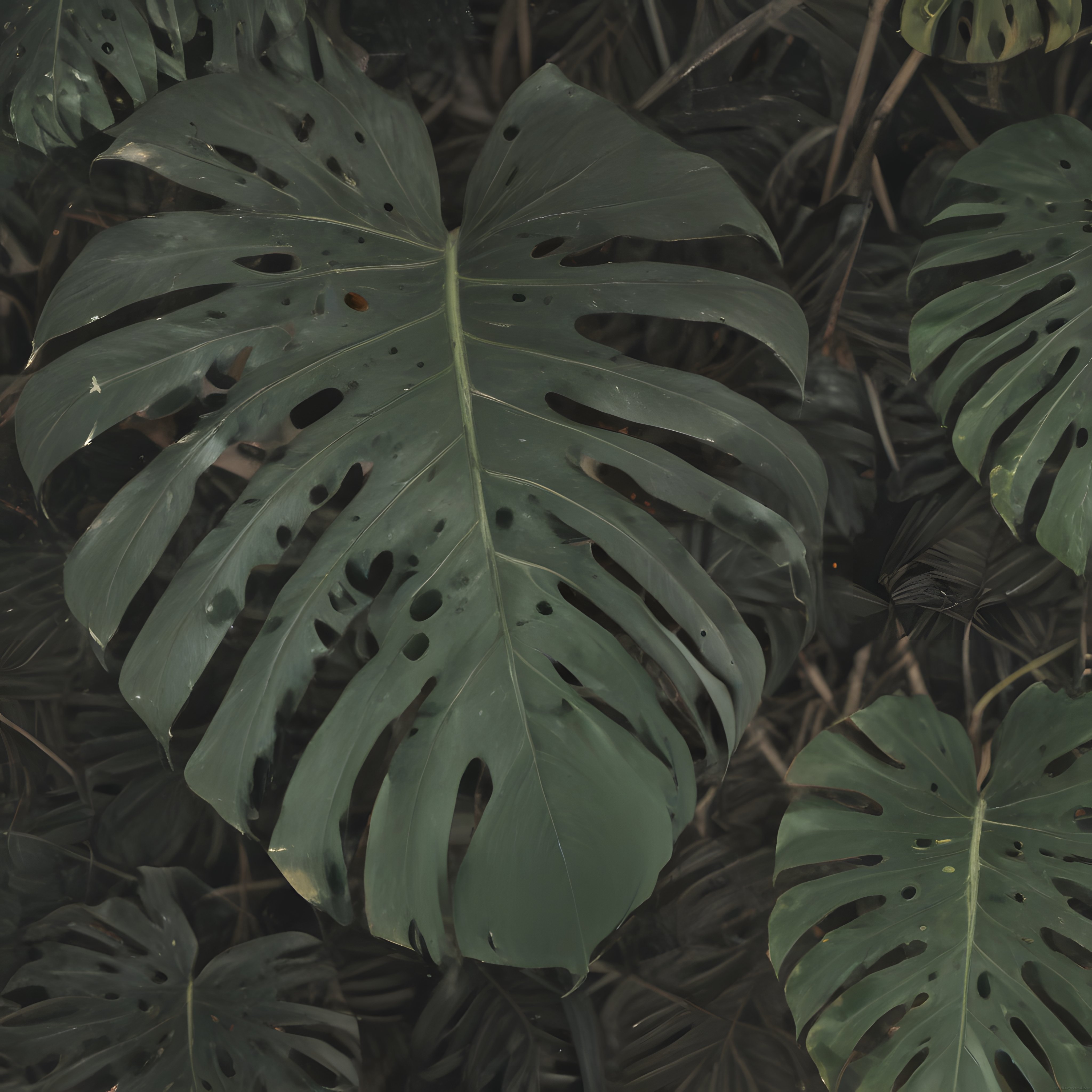 Gizemli Orman Atmosferinde Büyük Monstera Yaprakları ve Tropik Detaylar