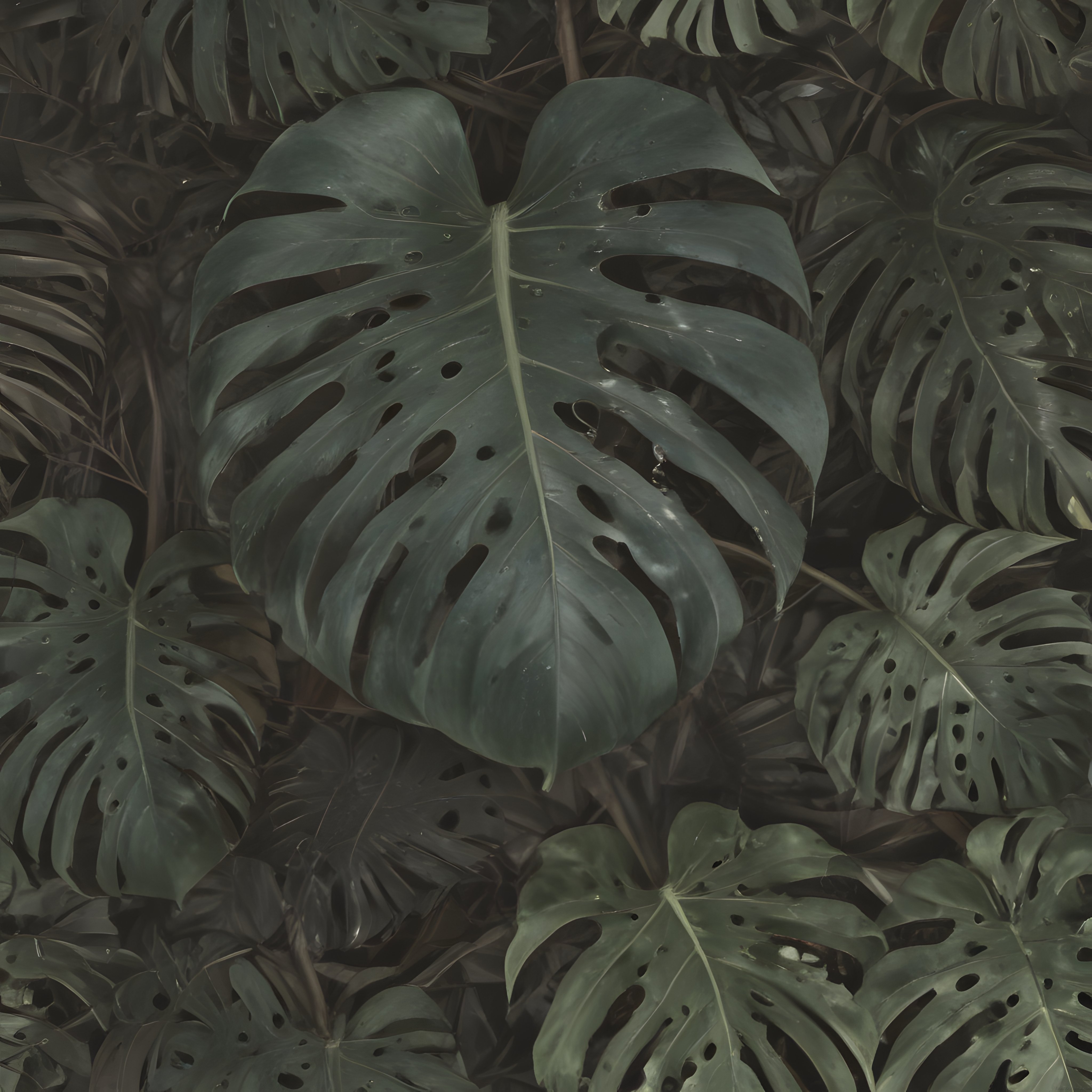 Gizemli Orman Atmosferinde Dev Monstera Yaprakları: Koyu Yeşil Doğal Arka Plan