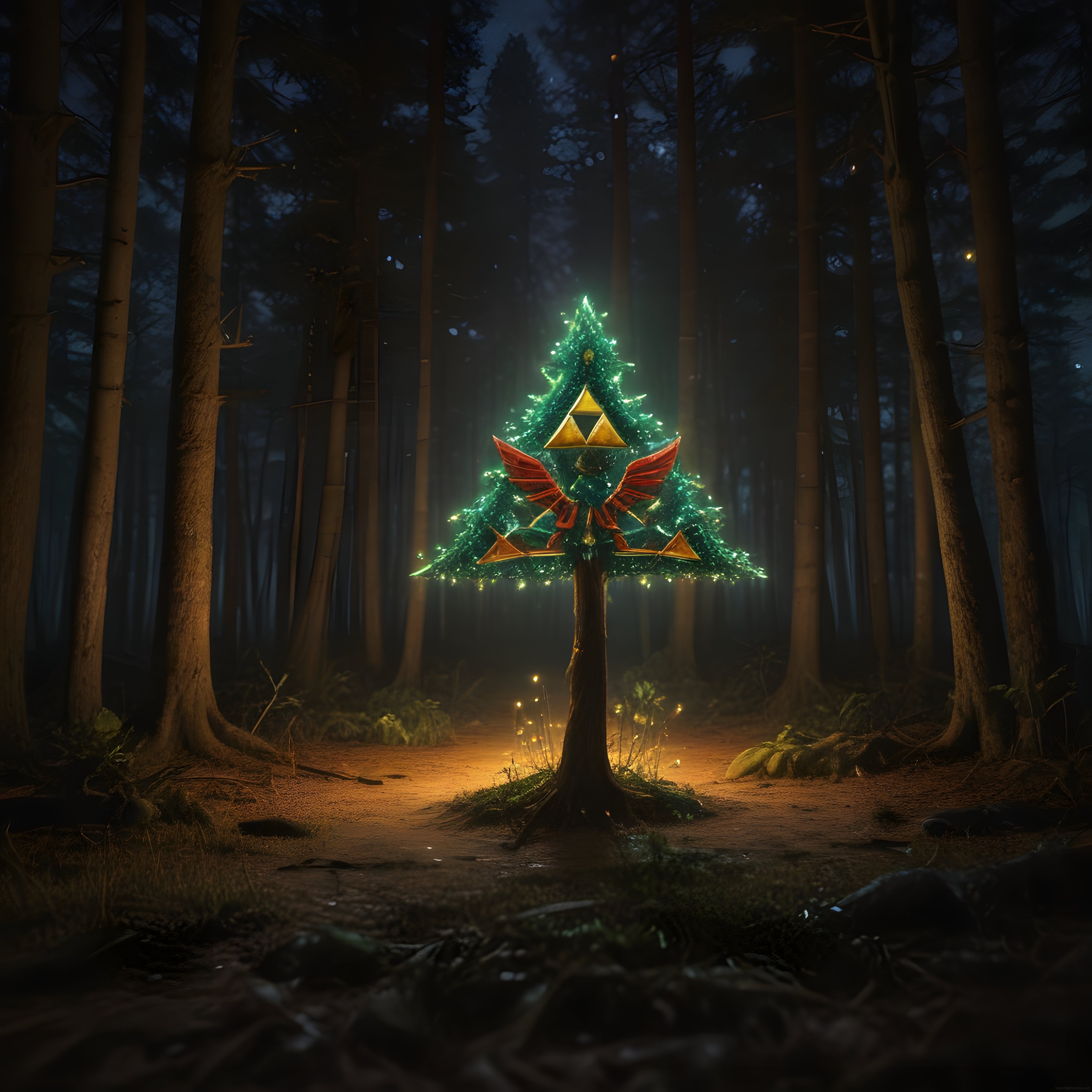 Gizemli Ormanda Işıldayan Triforce Ağacı: Fantastik Dijital Sanat Eseri