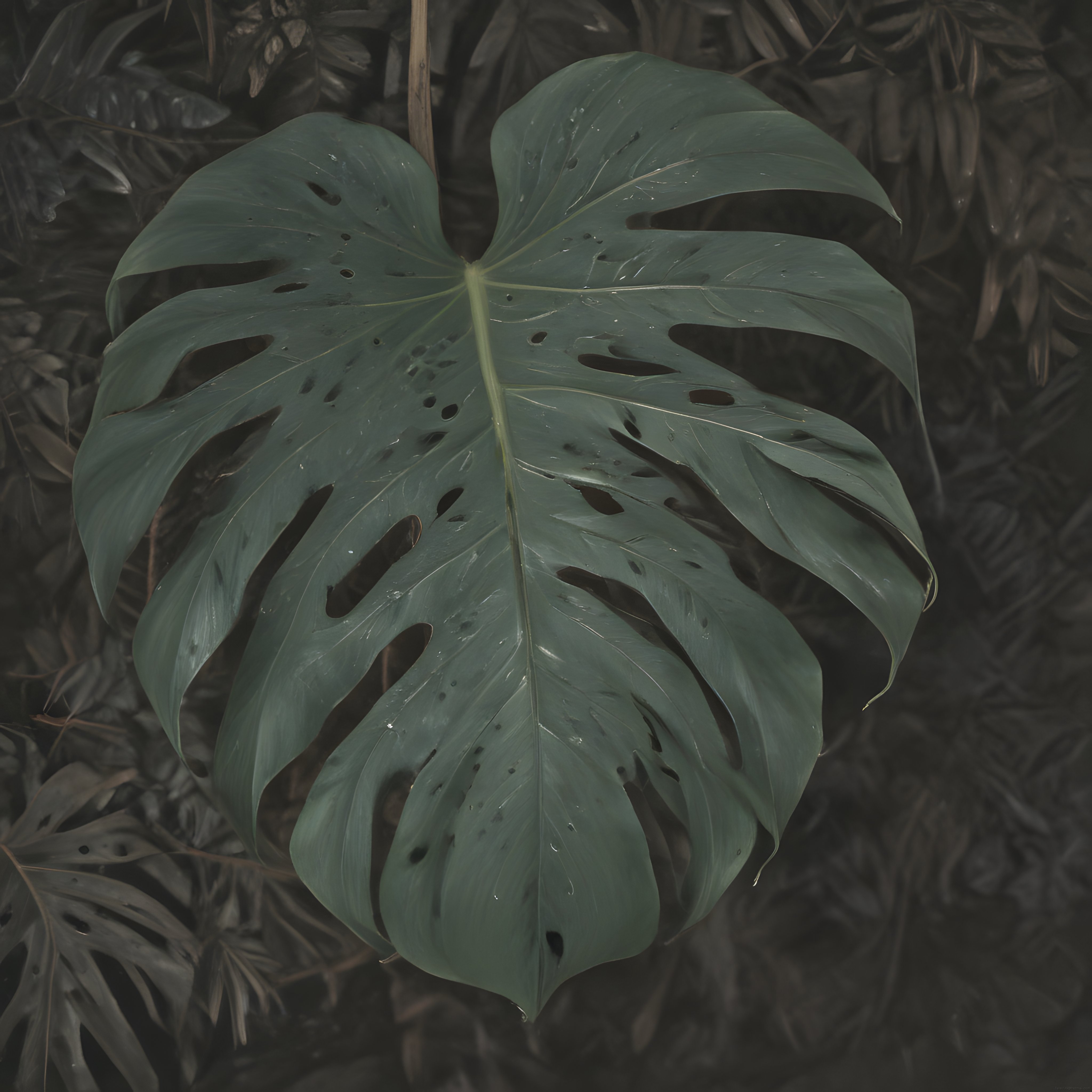 Gizemli Ormanda Işıltılı Monstera Yaprağı: Tropikal Doğa Makro Fotoğrafı