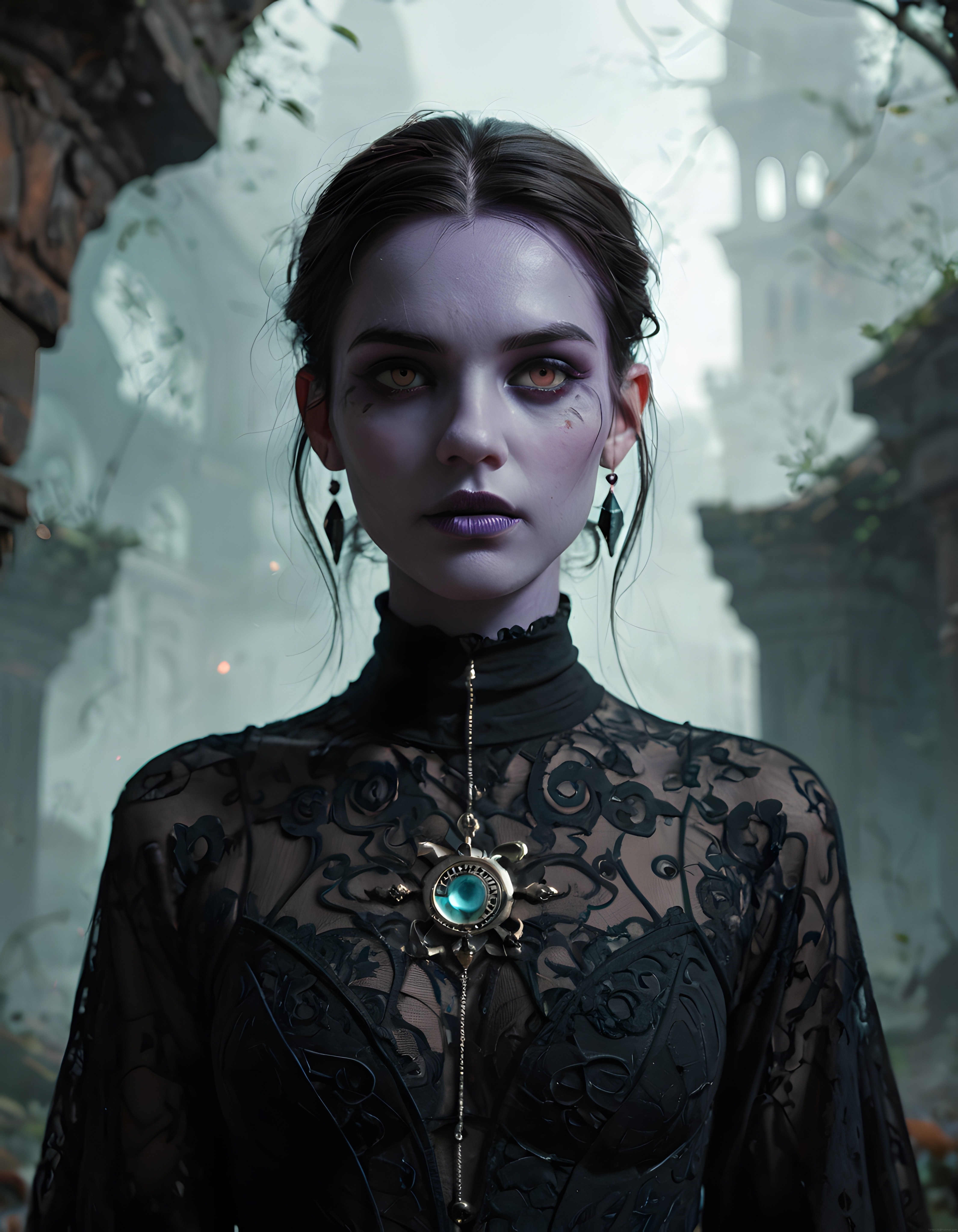 Gizemli sisli ormanda gotik elf kadını dijital fantezi portre sanatı