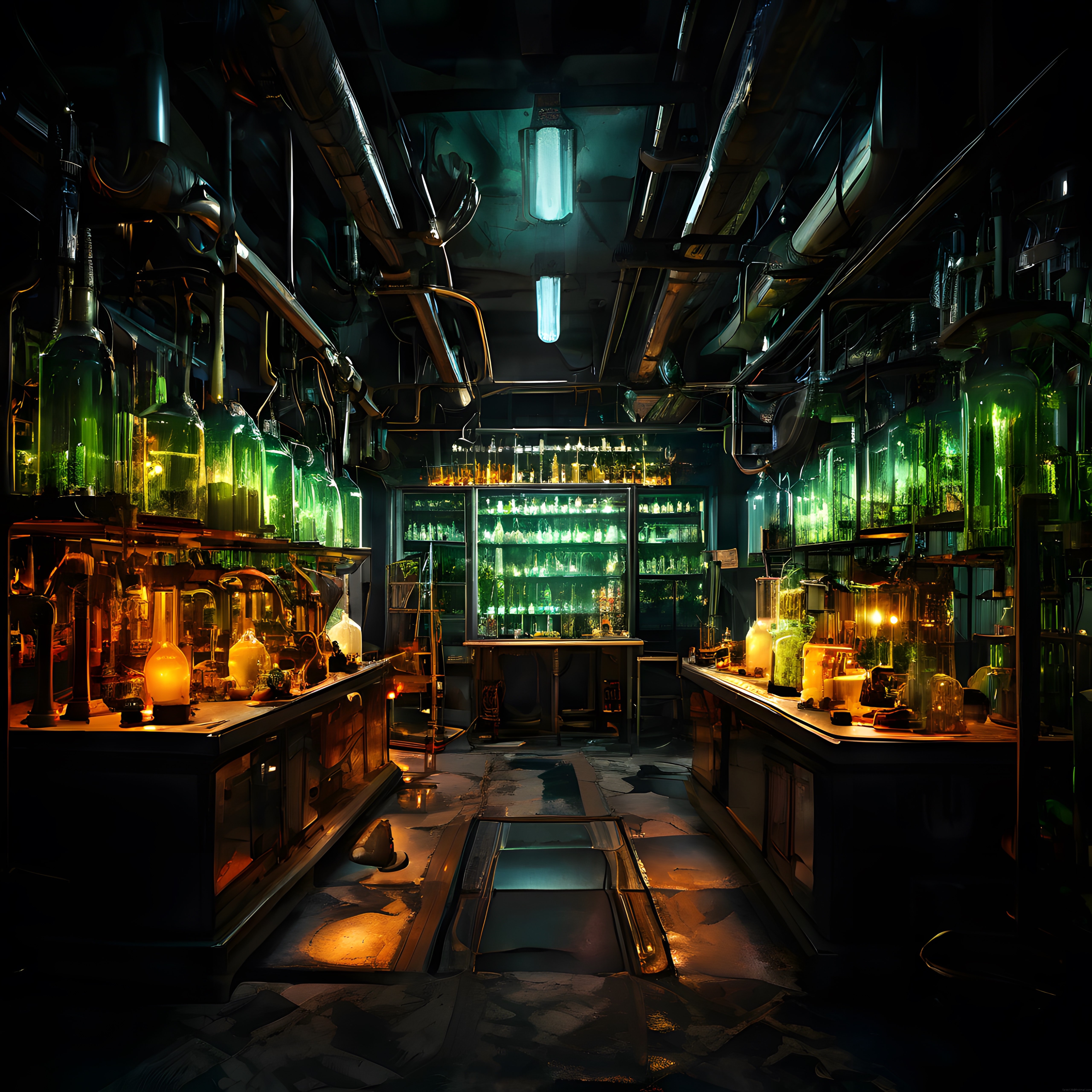 Gizemli steampunk laboratuvarında organik deney tüpleri ve büyülü ışıklar