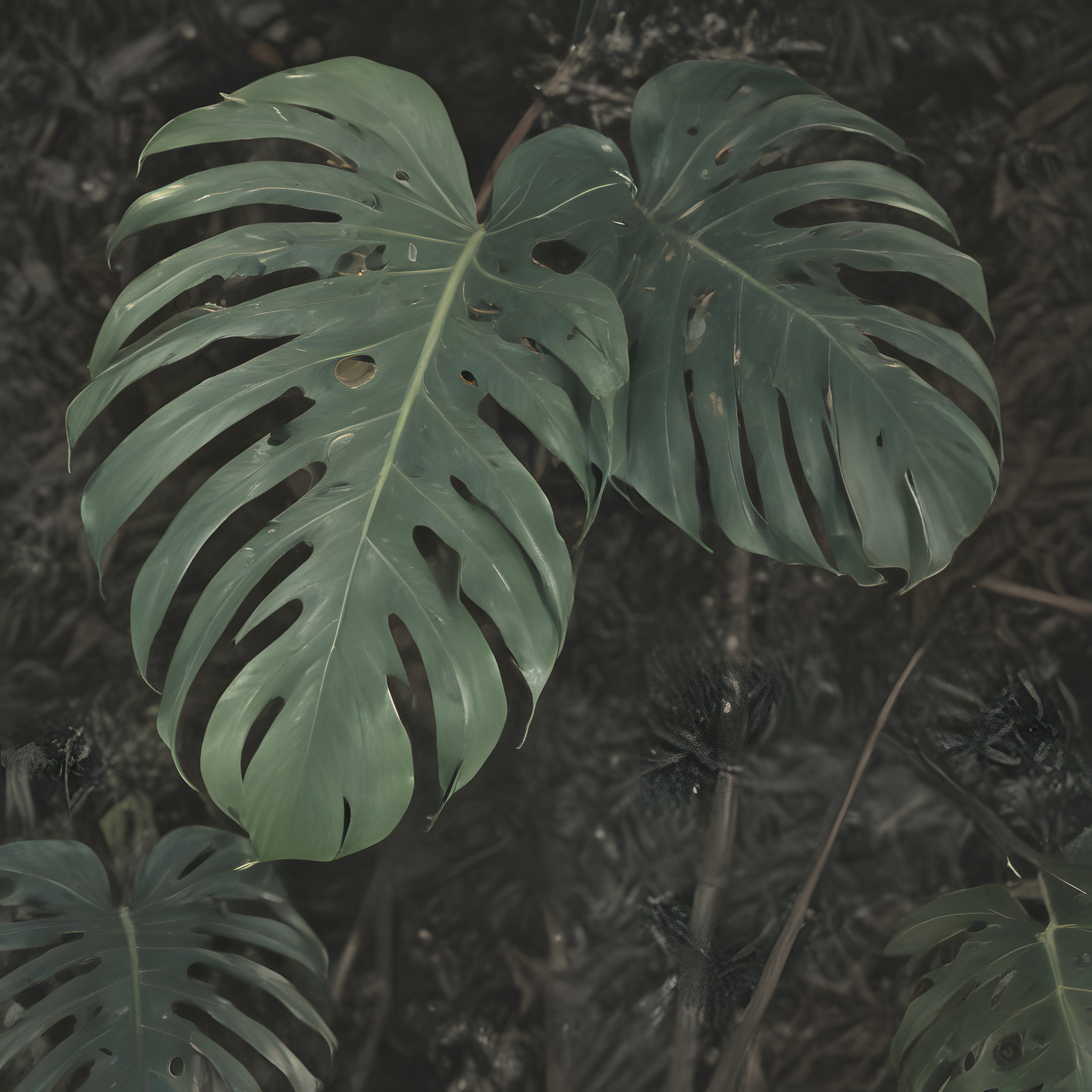 Gizemli Tropik Ormanda Işığın Vurduğu Canlı Monstera Yaprakları