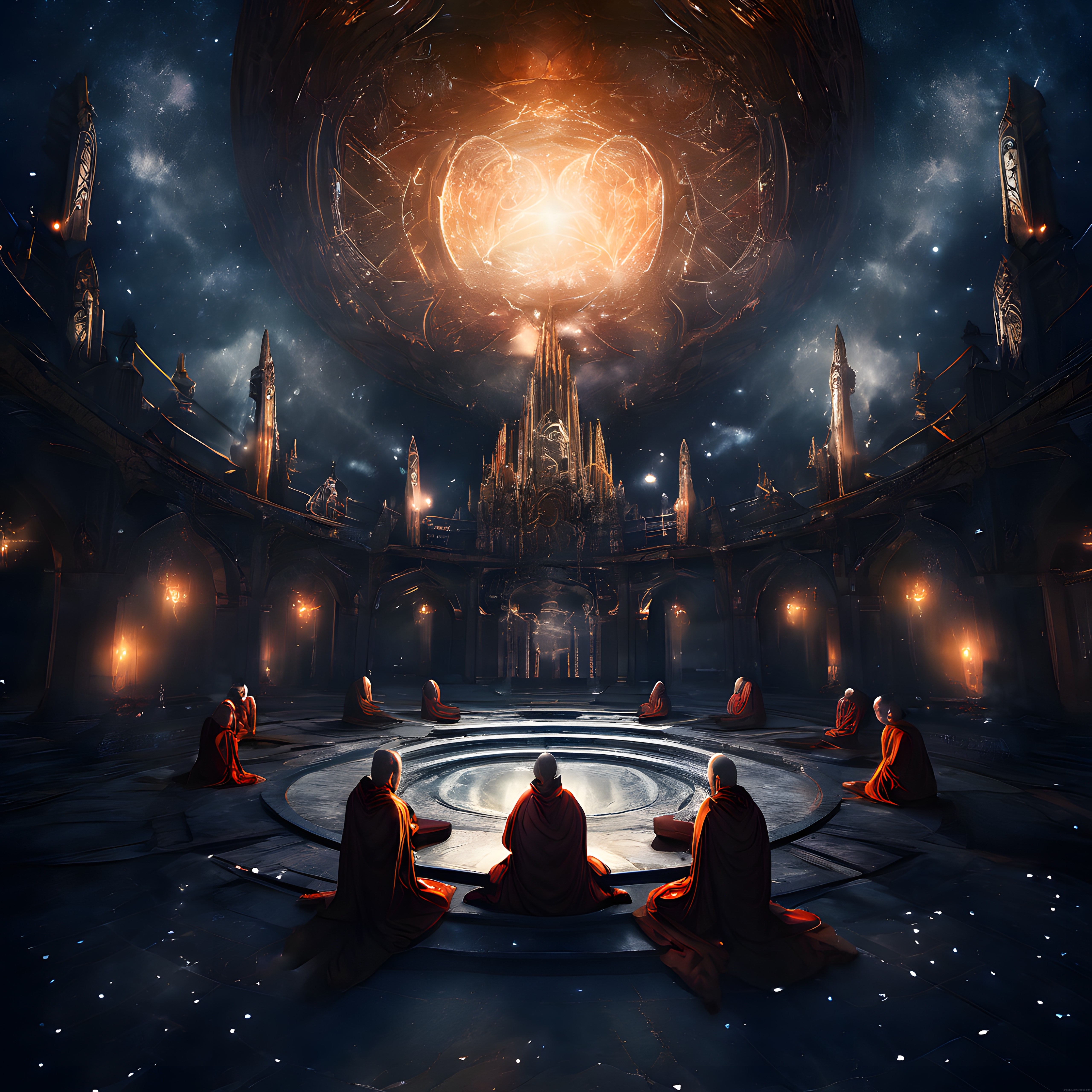 Gizemli Uzay Tapınağında Meditasyon Yapan Keşişler ve Parlayan Portal