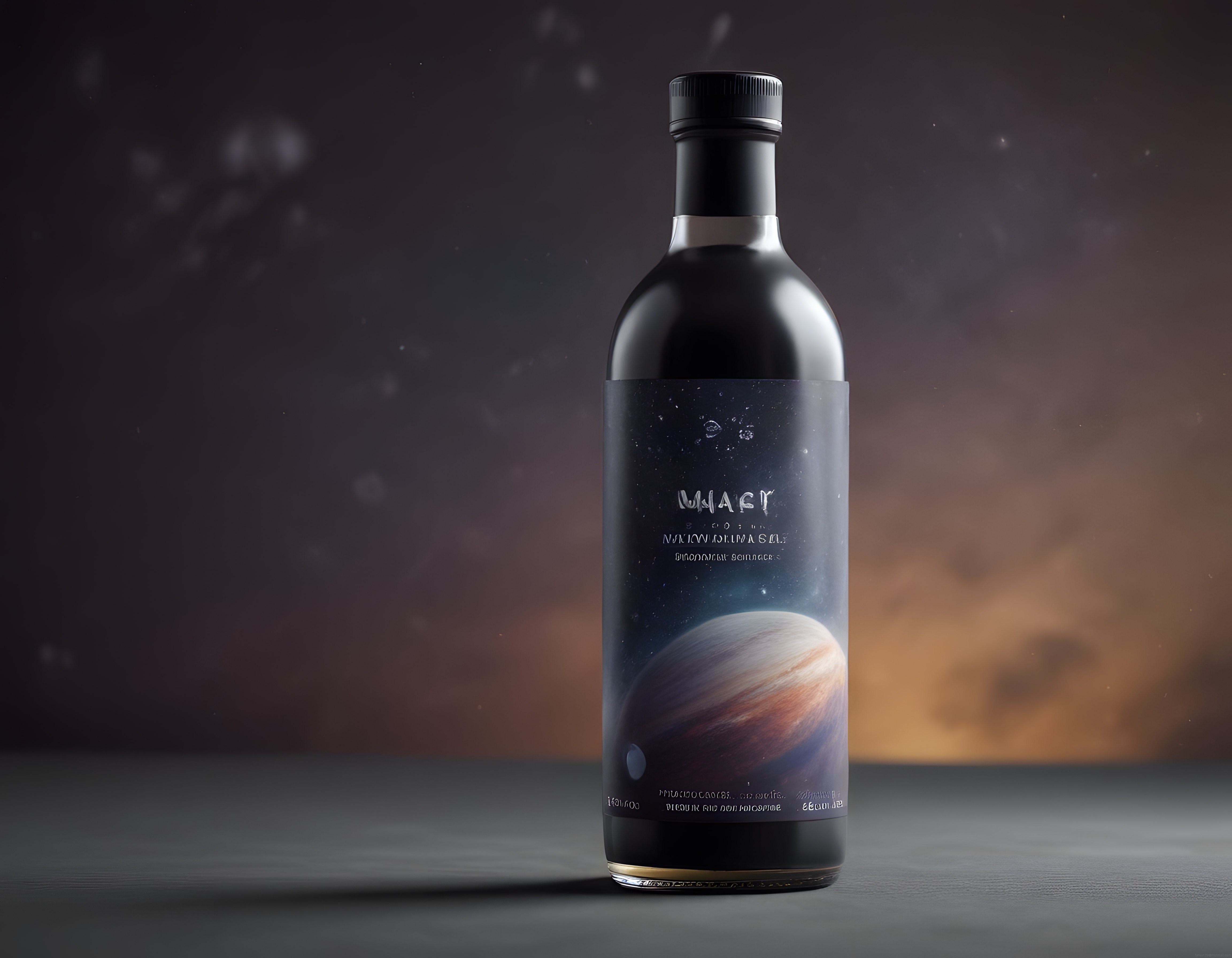 Gizemli Uzay Temalı Premium Şişe Tasarımı ve Gezegen Desenli Etiket