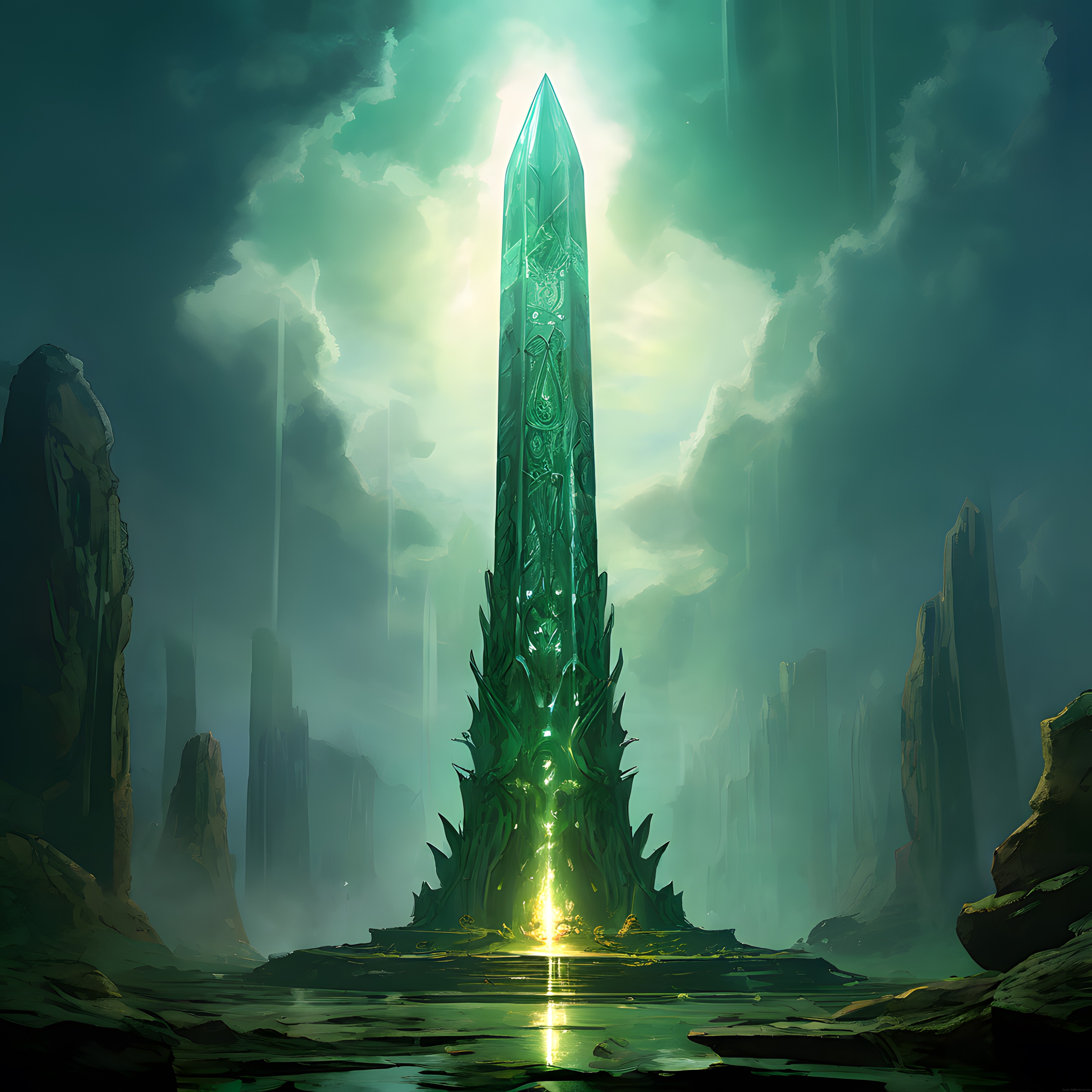 Gizemli Vadide Yükselen Büyülü Yeşil Kristal Obelisk Fantastik Sanat