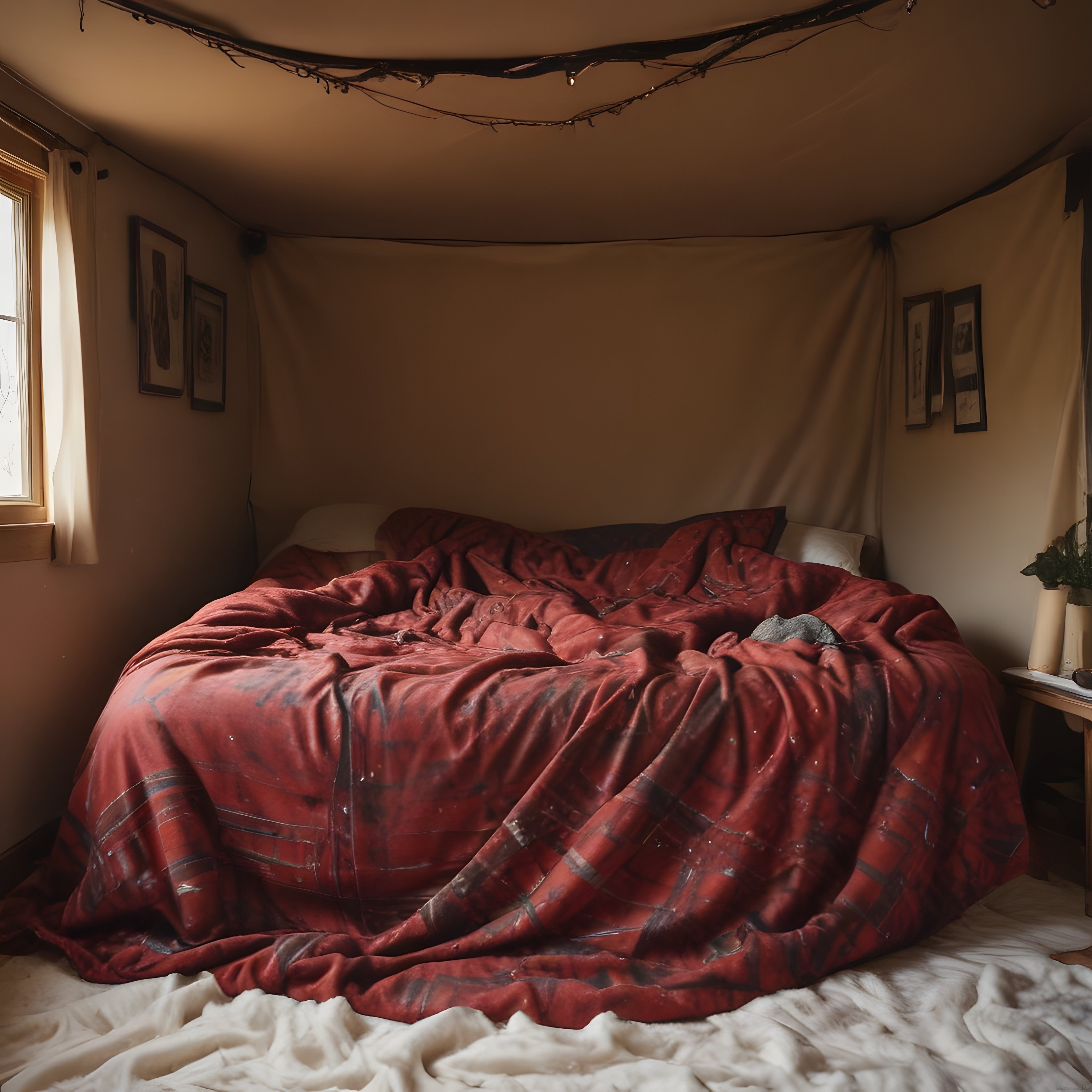 Glamping Çadırı İçinde Kırmızı Örtülü Sıcacık Yatak Odası Atmosferi