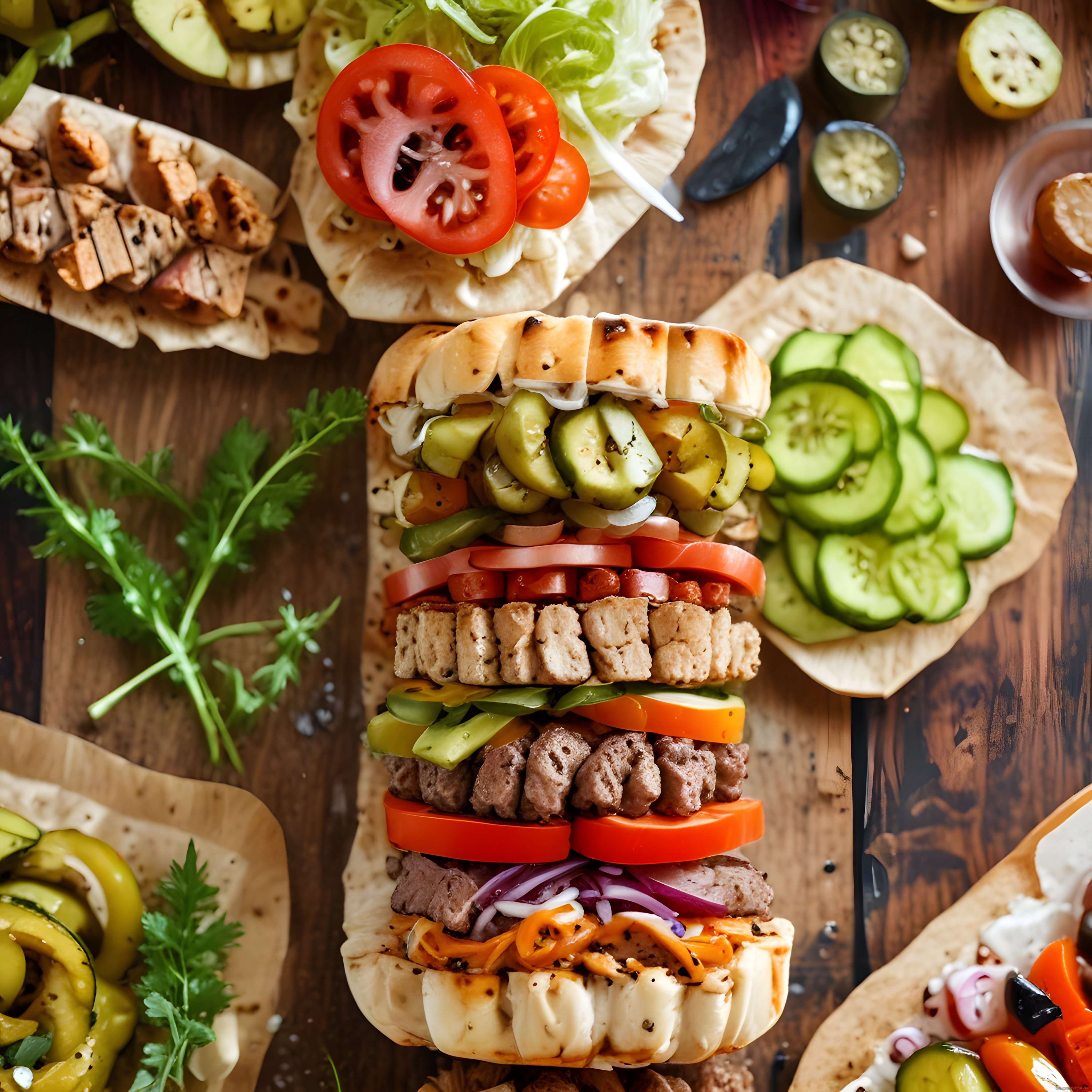 Gobit ekmek arası katmanlı dürüm: ızgara tavuk, et ve taze sebzelerle