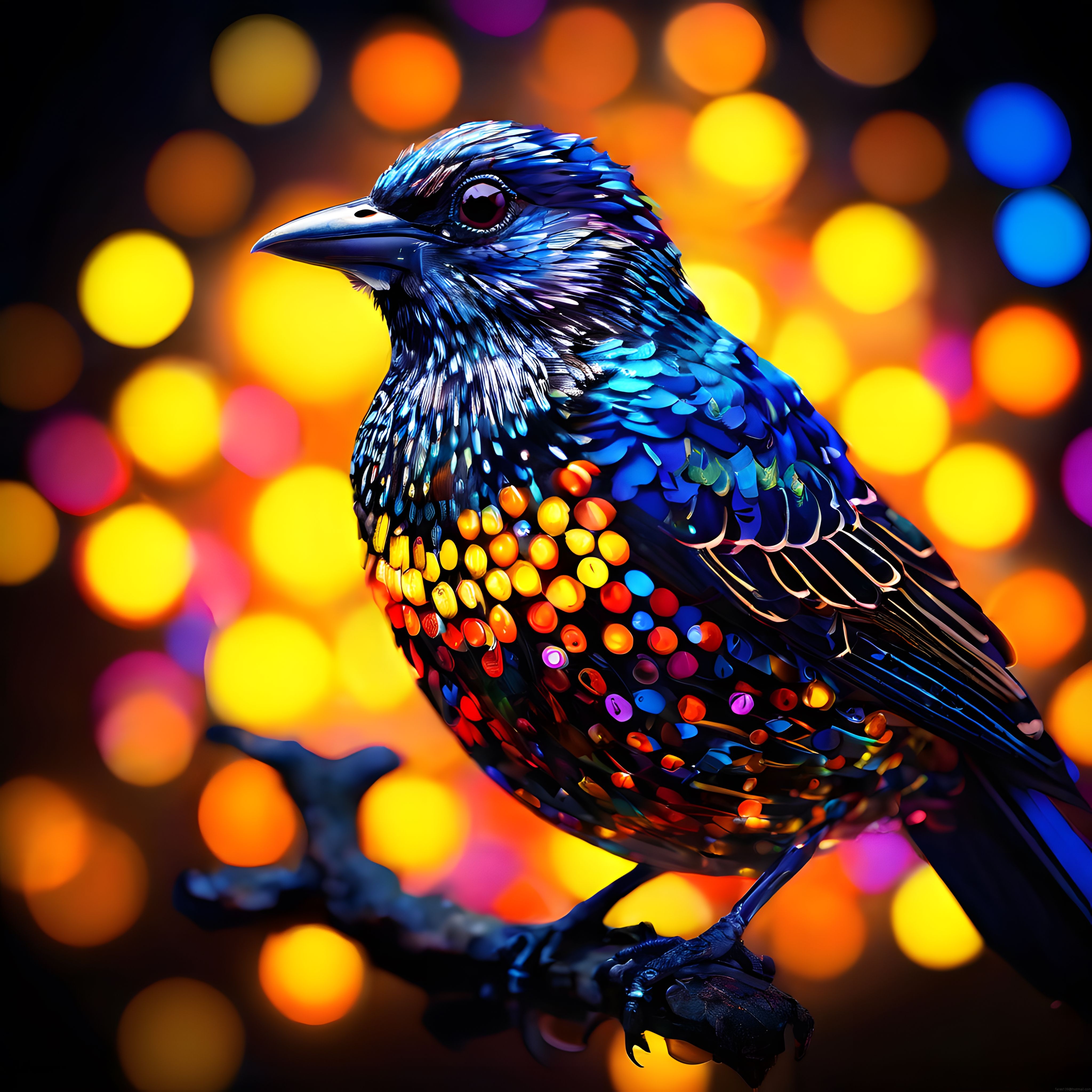 Göğsünde Mozaik Desenler Taşıyan Renkli Dijital Kuş ve Bokeh Işıkları