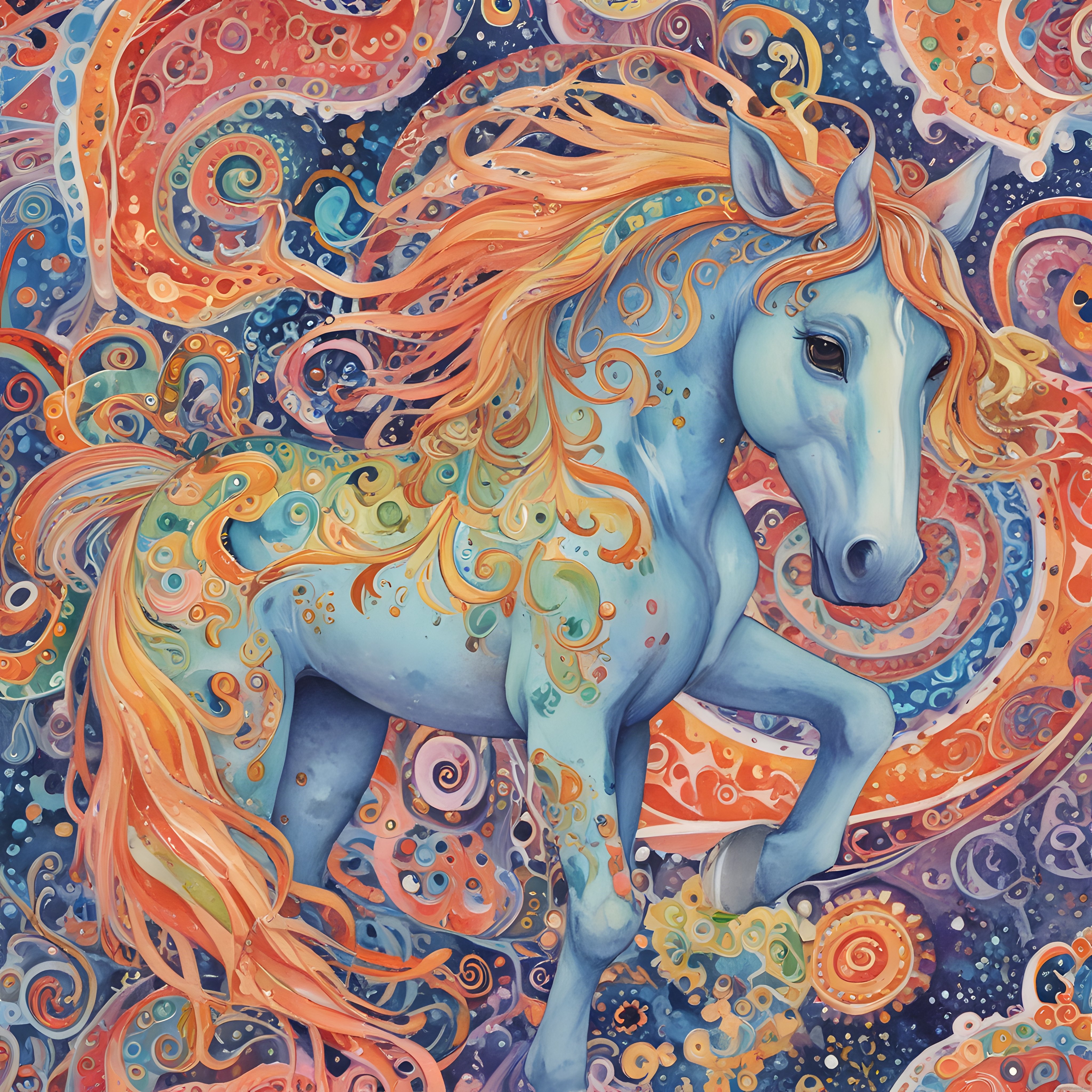 Gök Mavisi Unicorn ve Alev Gibi Turuncu Yele: Renkli Fantastik Sanat Tablosu
