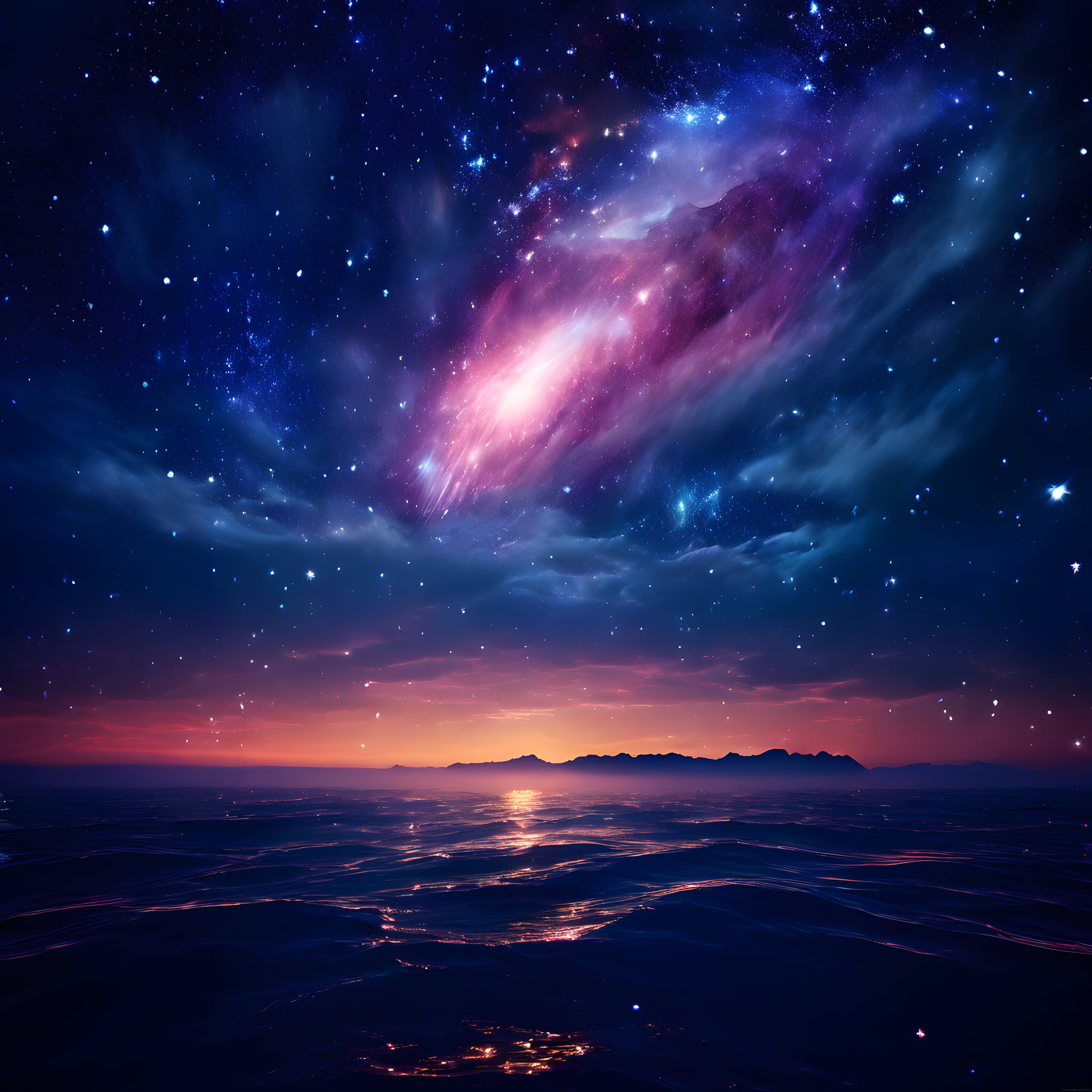 Gökada ve Nebula Işığının Yansıdığı Büyüleyici Gece Denizi Manzarası