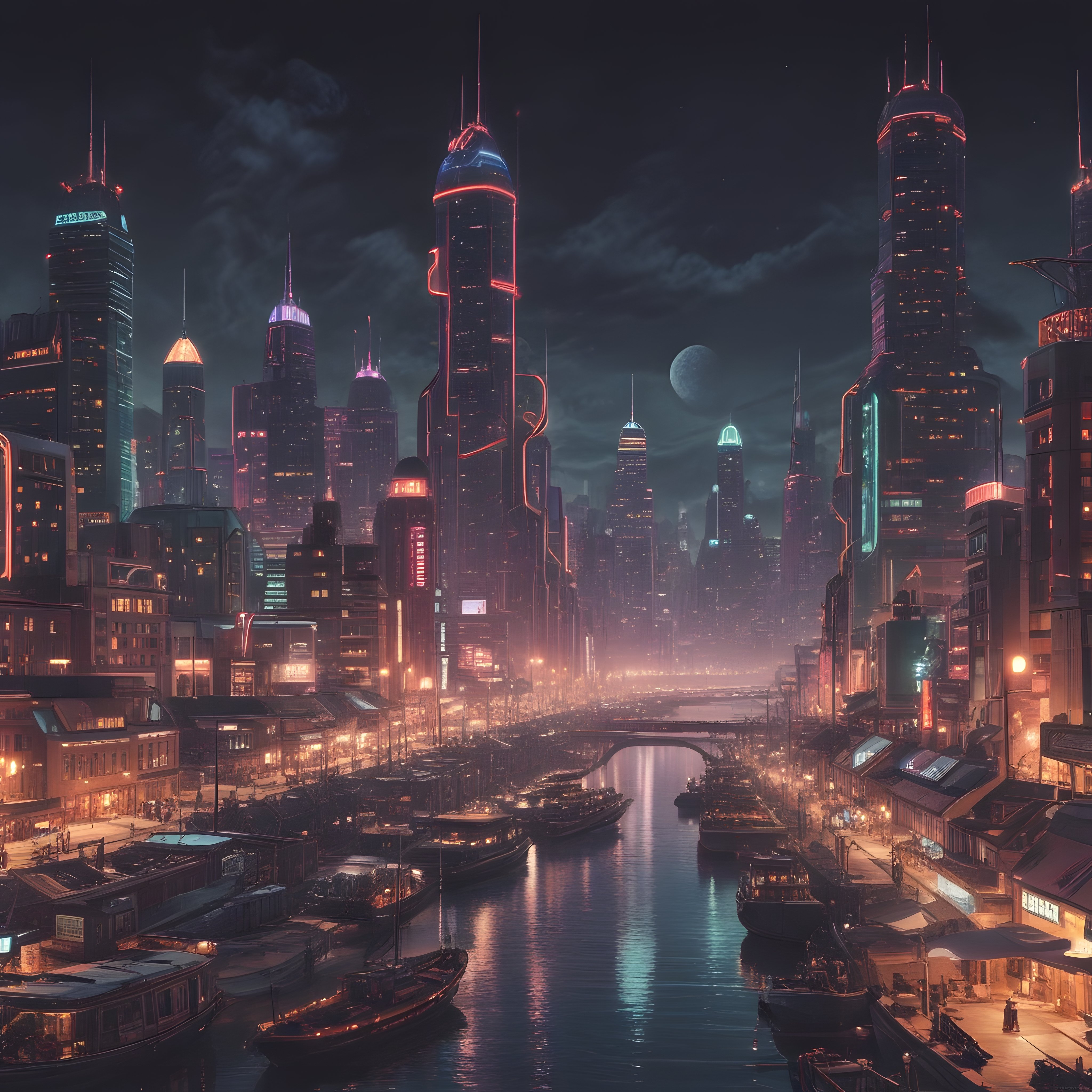 Gökdelenlerin Yükseldiği Fütüristik Cyberpunk Gece Şehri ve Kanal Görünümü