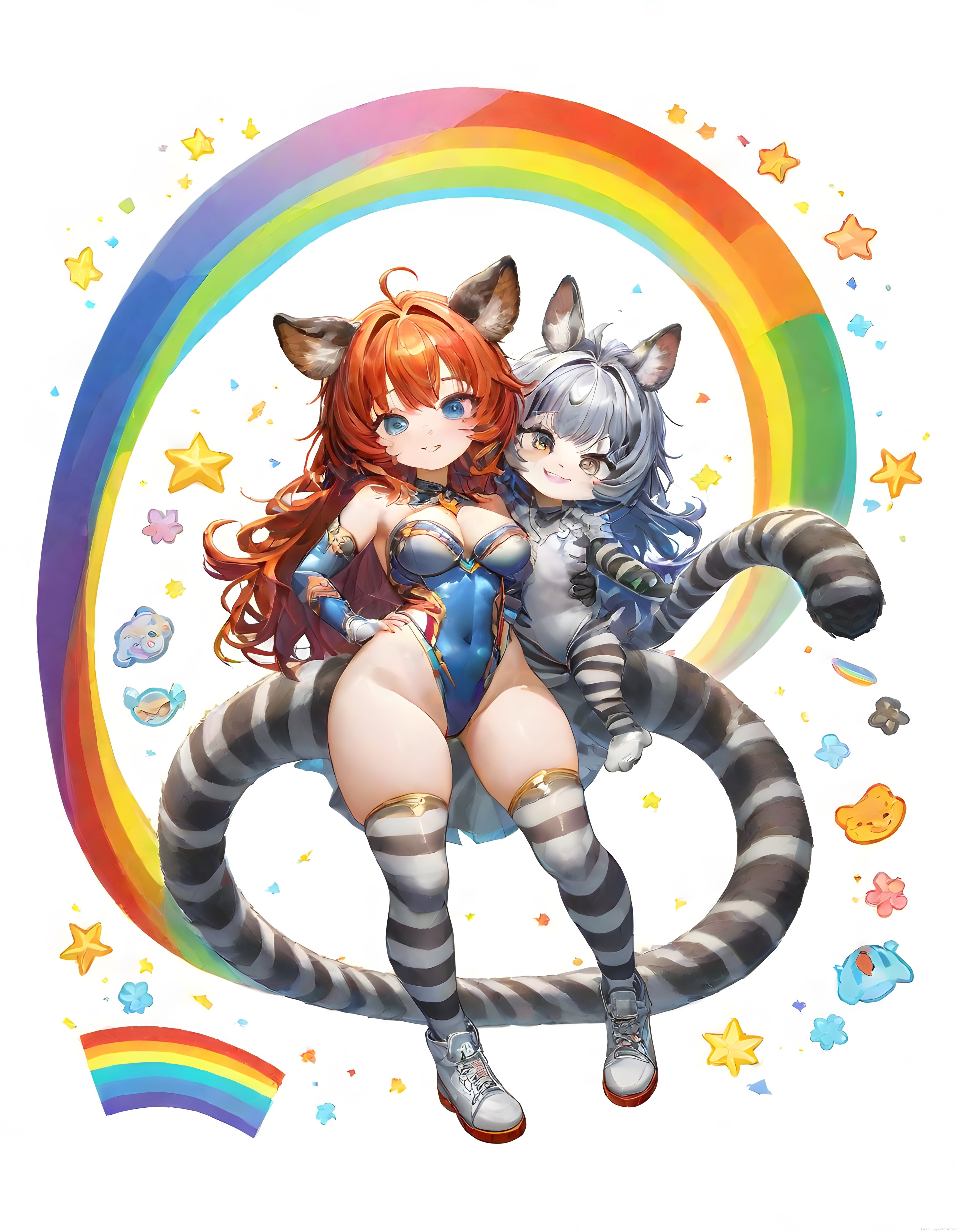 Gökkuşağı Altında Kedi Kulaklı Anime Karakterlerin Renkli İllüstrasyonu