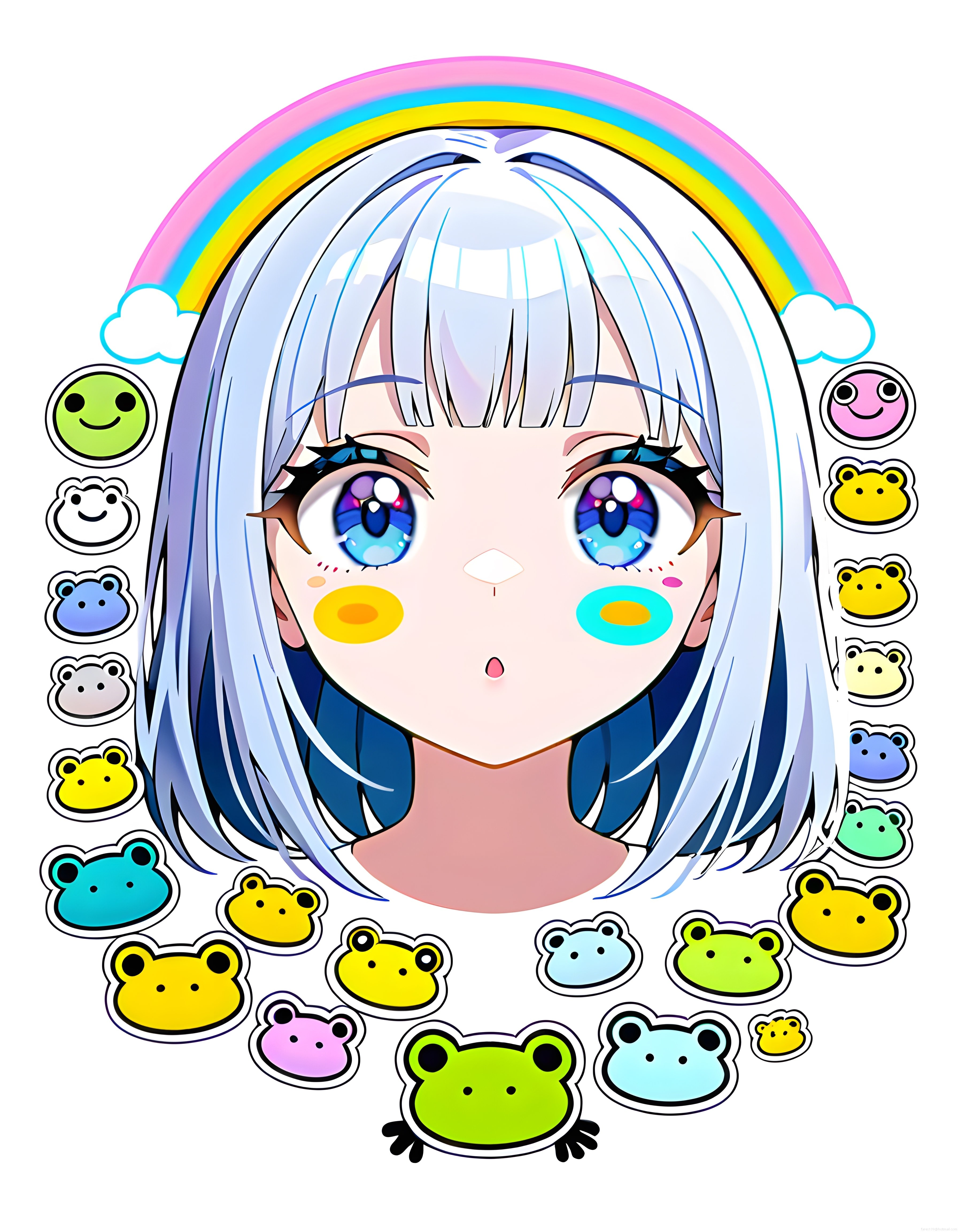Gökkuşağı altında kurbağa çıkartmalarıyla çevrili pastel anime kız