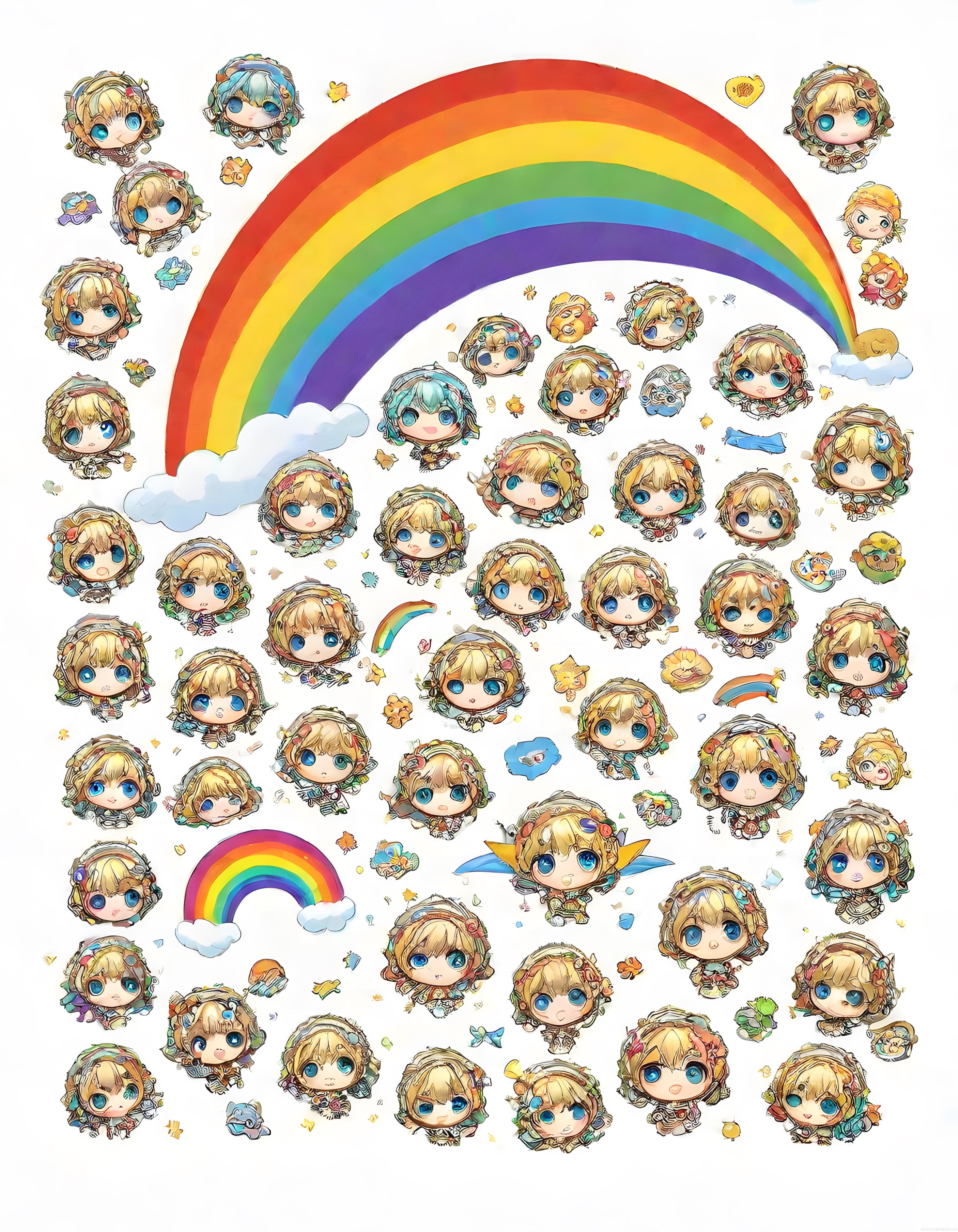 Gökkuşağı Altında Neşeli Anime Chibi Yüzler ve Renkli Dijital Sticker Seti