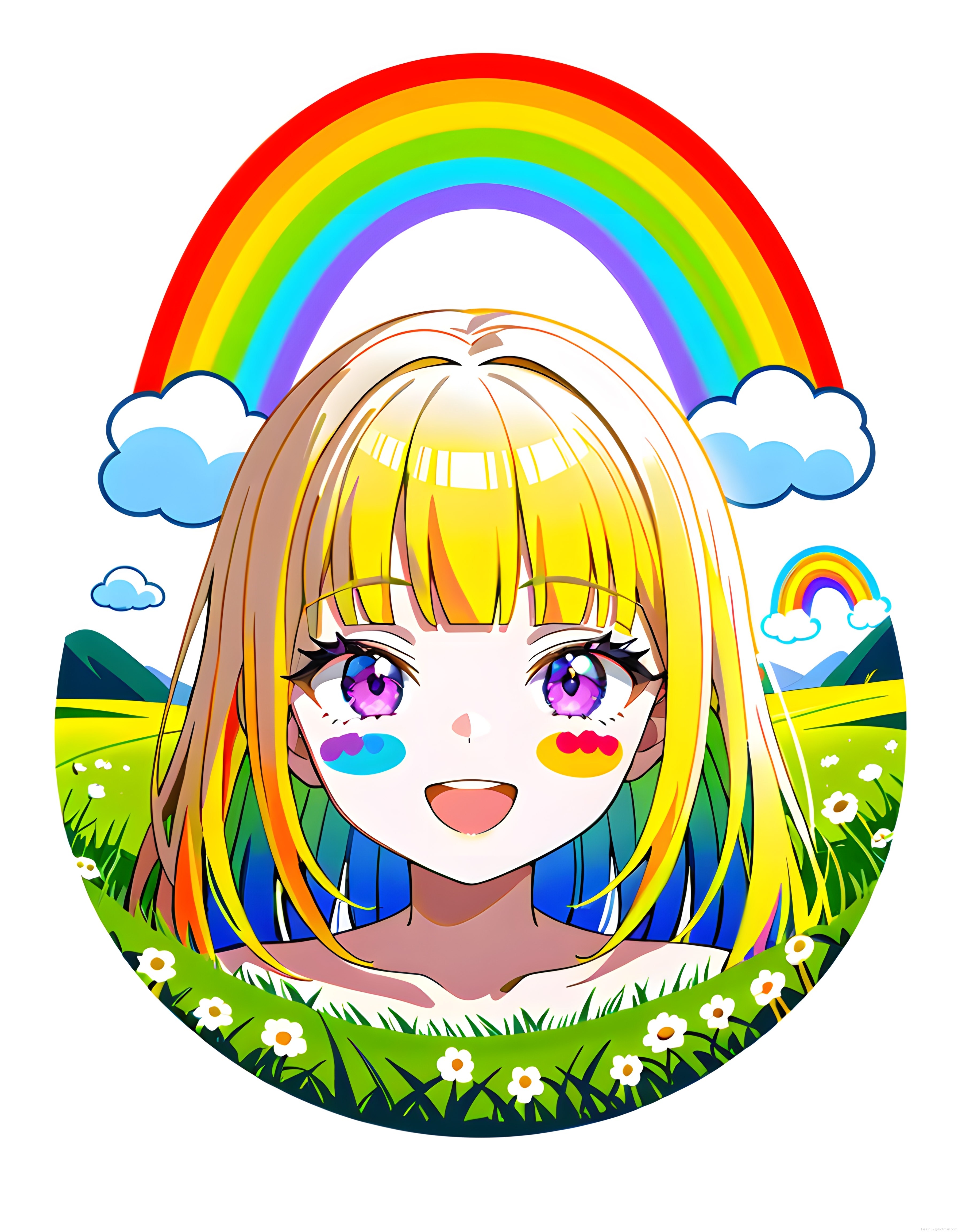 Gökkuşağı altında papatya tarlasında neşeli anime kız karakteri çizim portresi