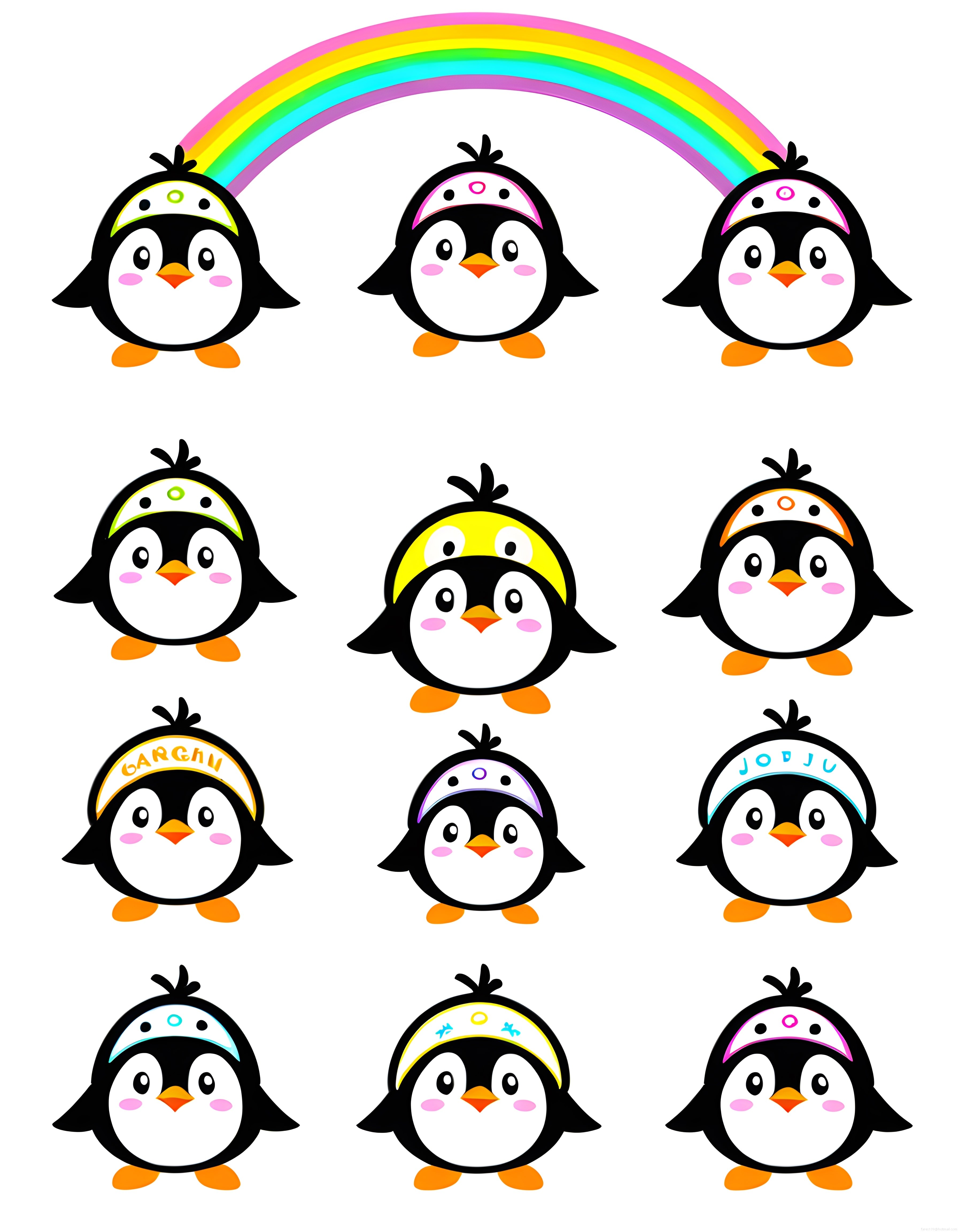Gökkuşağı Altında Renkli Kasket ve Bandana Takan Karikatür Penguenler