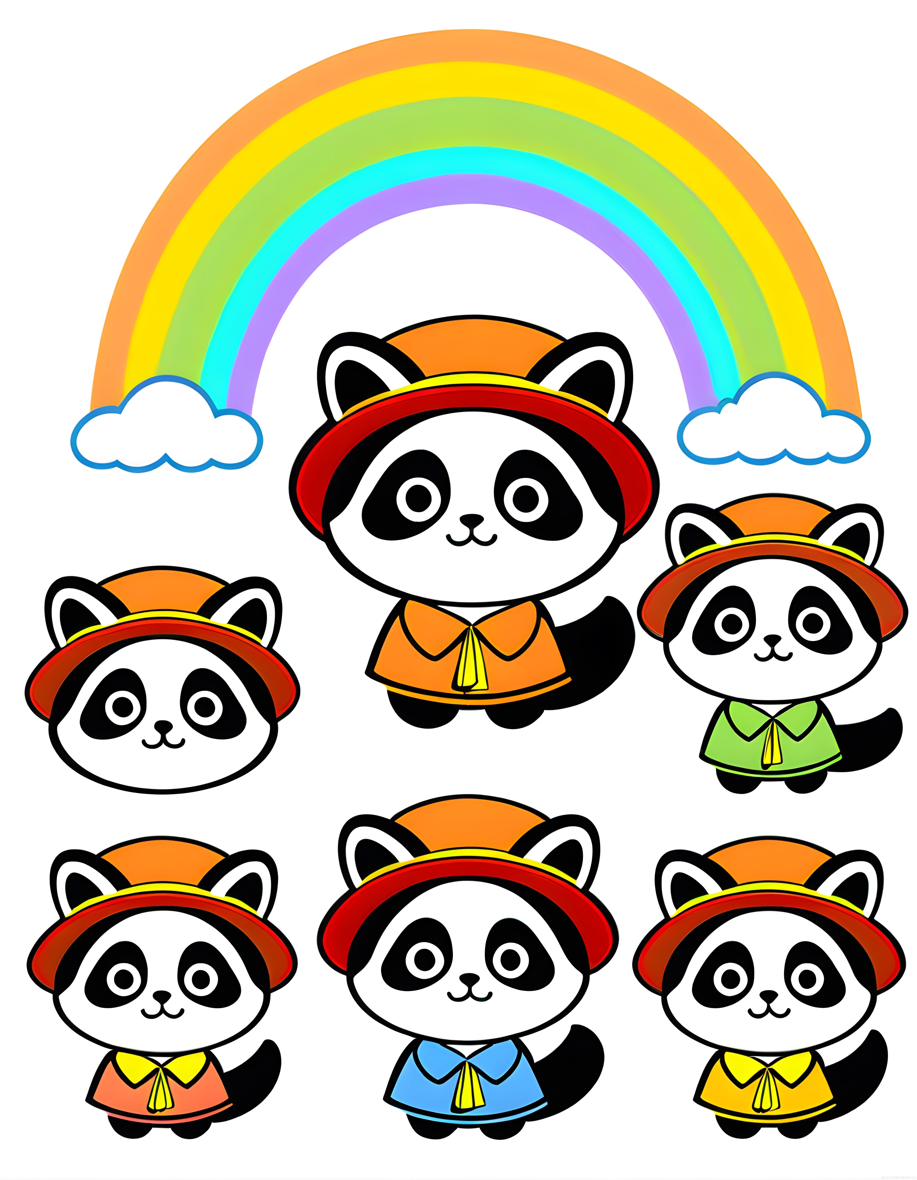 Gökkuşağı Altında Renkli Kıyafetli Şapkalı Sevimli Panda Çizgi Film Karakterleri