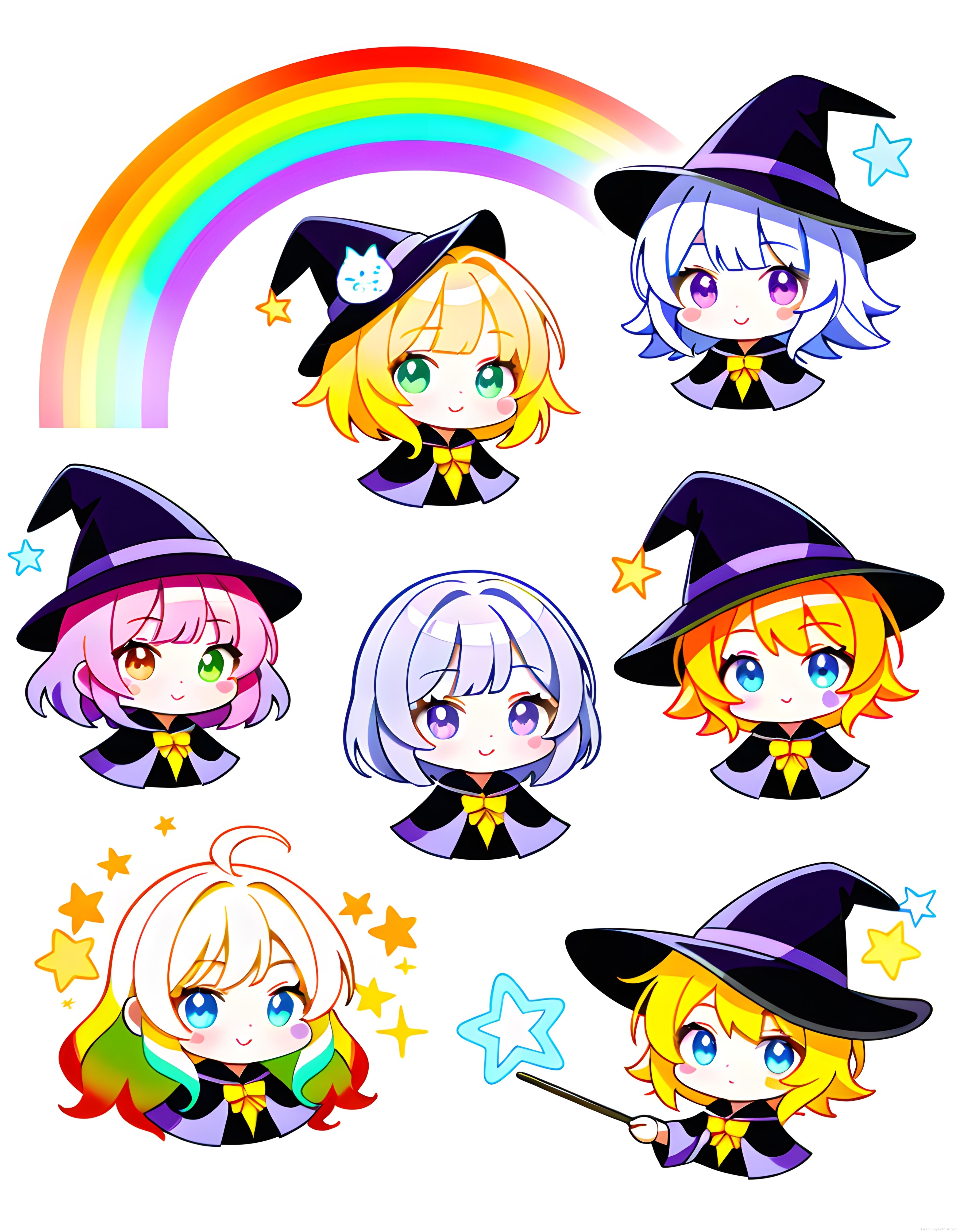 Gökkuşağı altında sevimli chibi cadı karakterleri anime avatar koleksiyonu