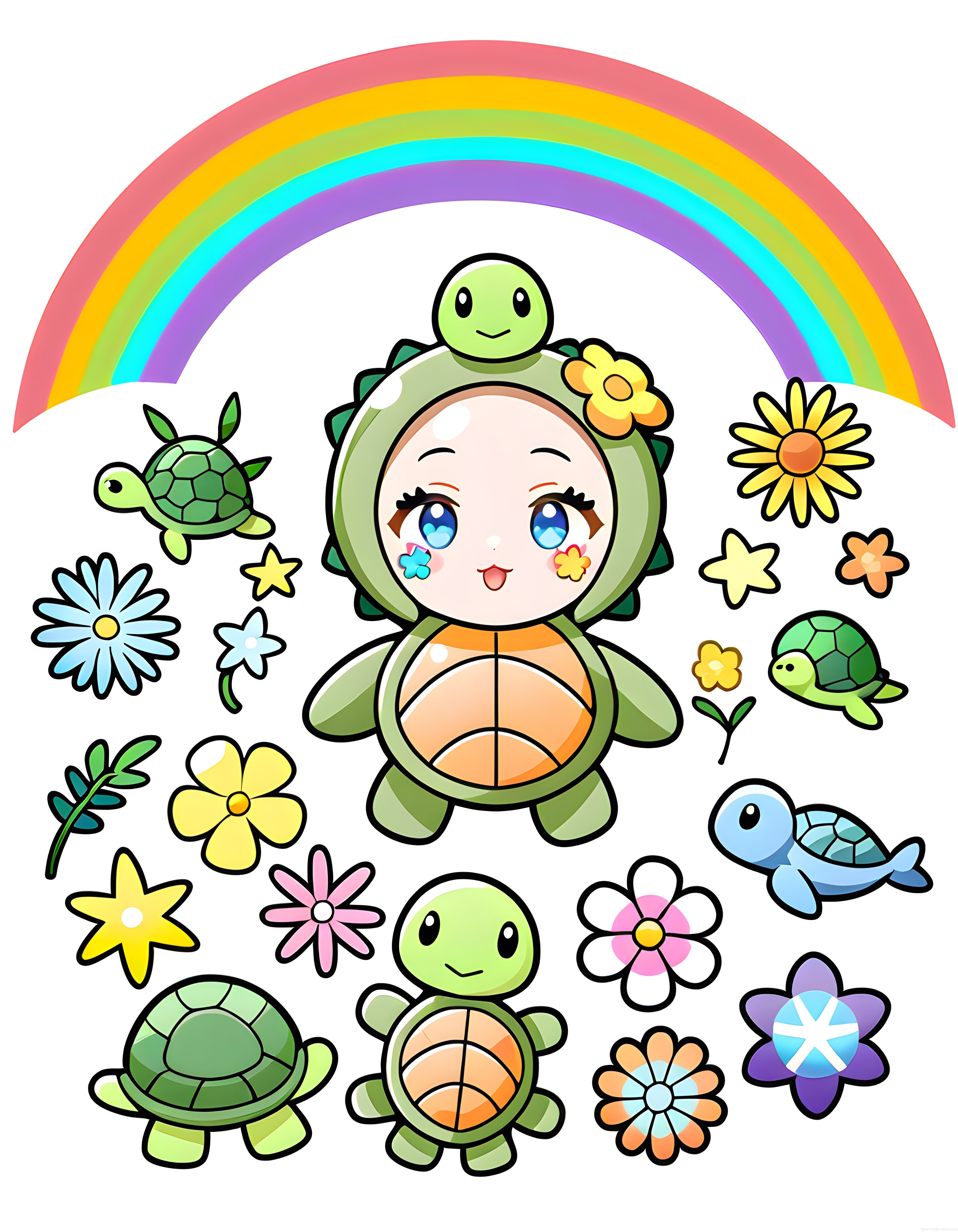 Gökkuşağı Altında Sevimli Kaplumbağa Kostümlü Kawaii Karakter ve Çiçekler