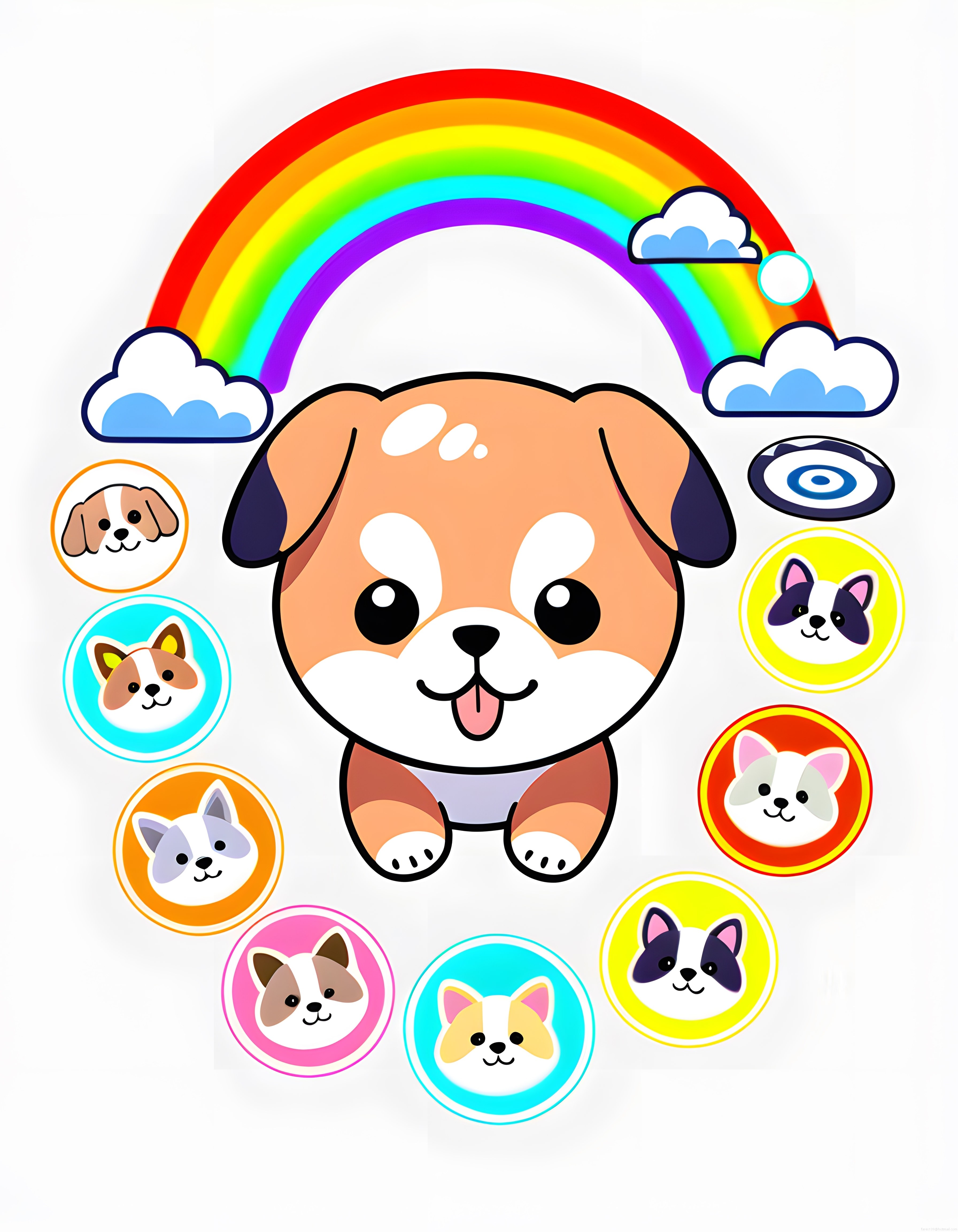 Gökkuşağı Altında Sevimli Kawaii Köpek Karakterleri ve Çizgi Film Dostları