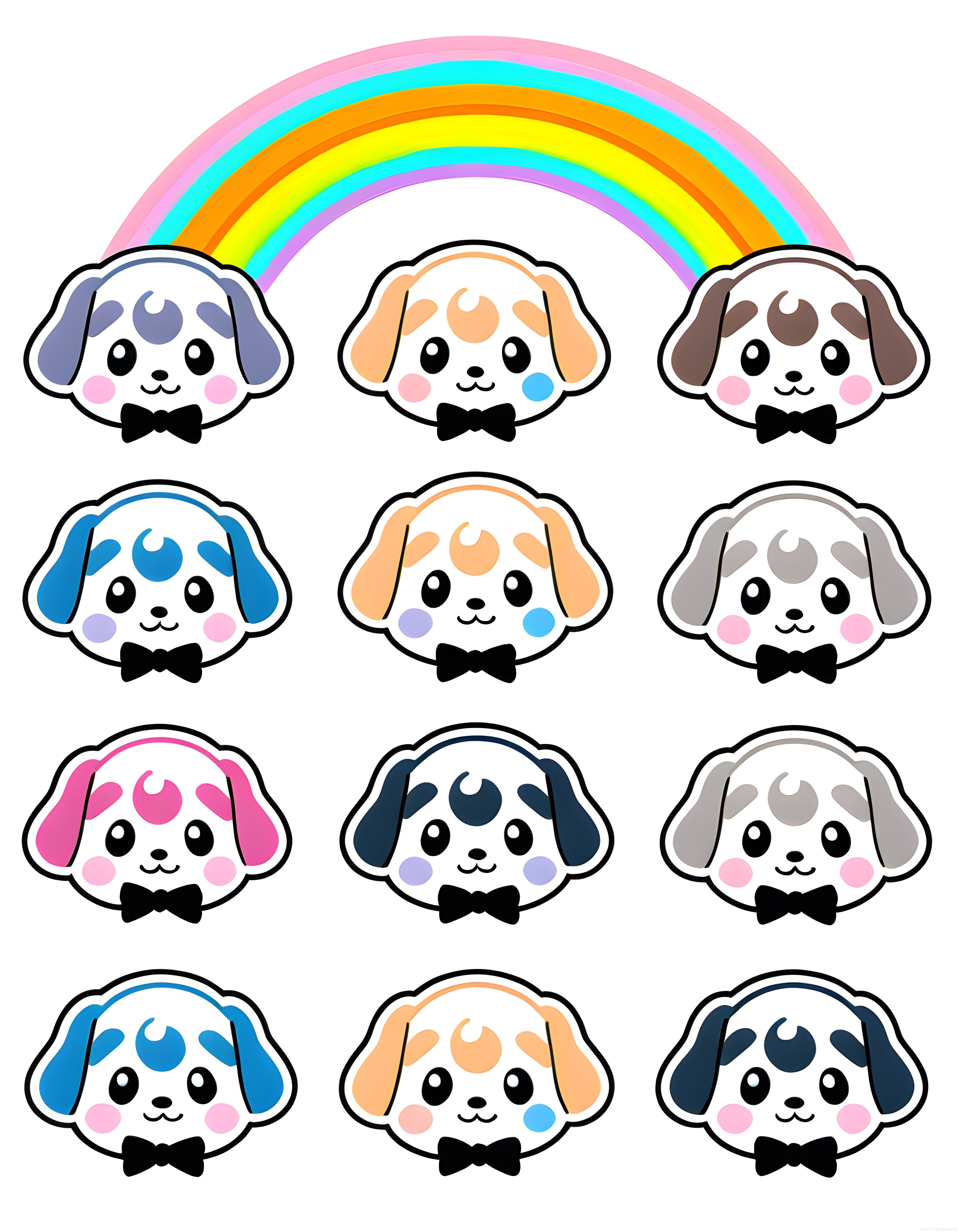 Gökkuşağı Altında Sevimli Papyonlu Kawaii Köpek Yüzleri Çizim Paketi