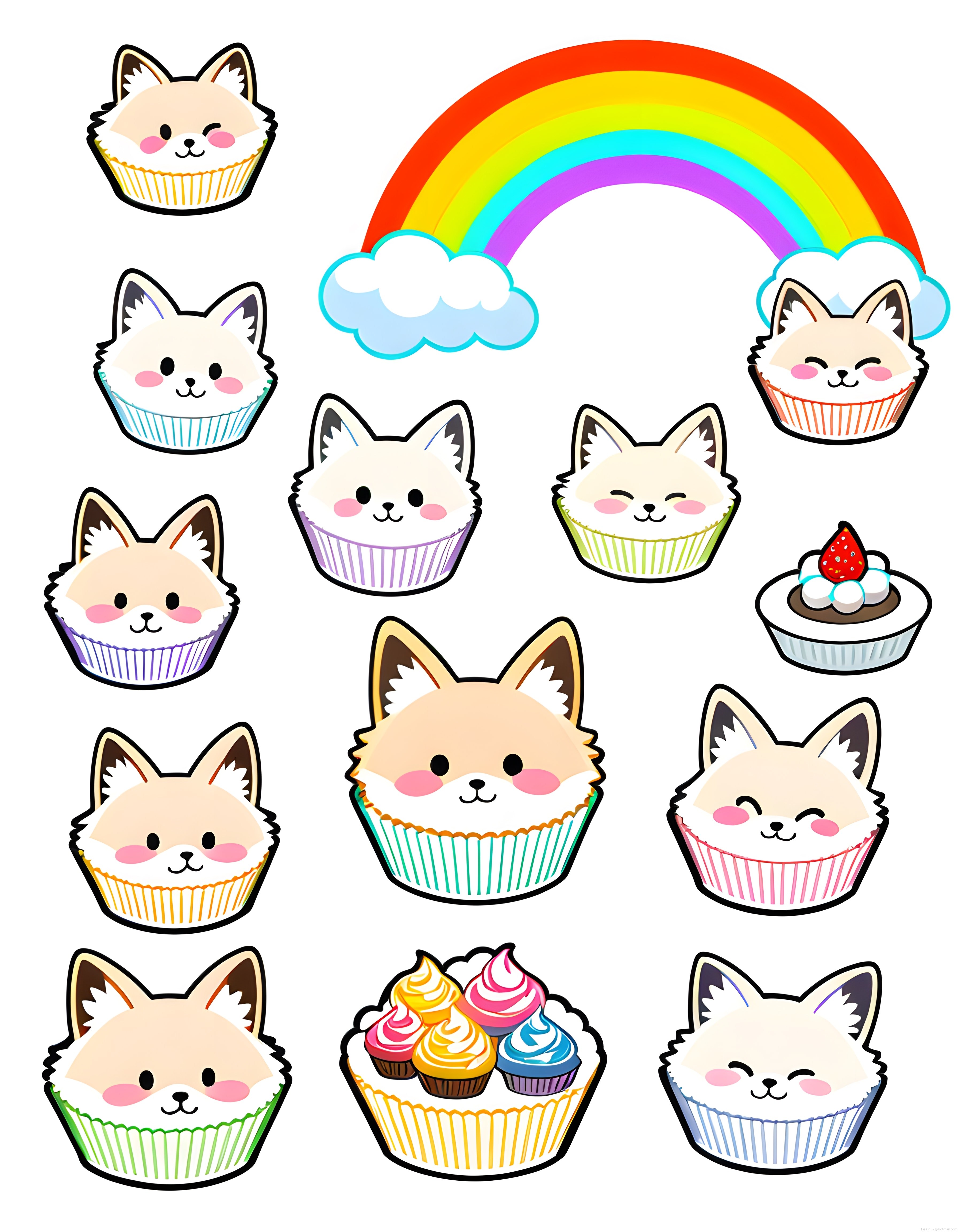 Gökkuşağı Altında Sevimli Tilki Cupcake'leri ve Renkli Kapkek Çizimleri