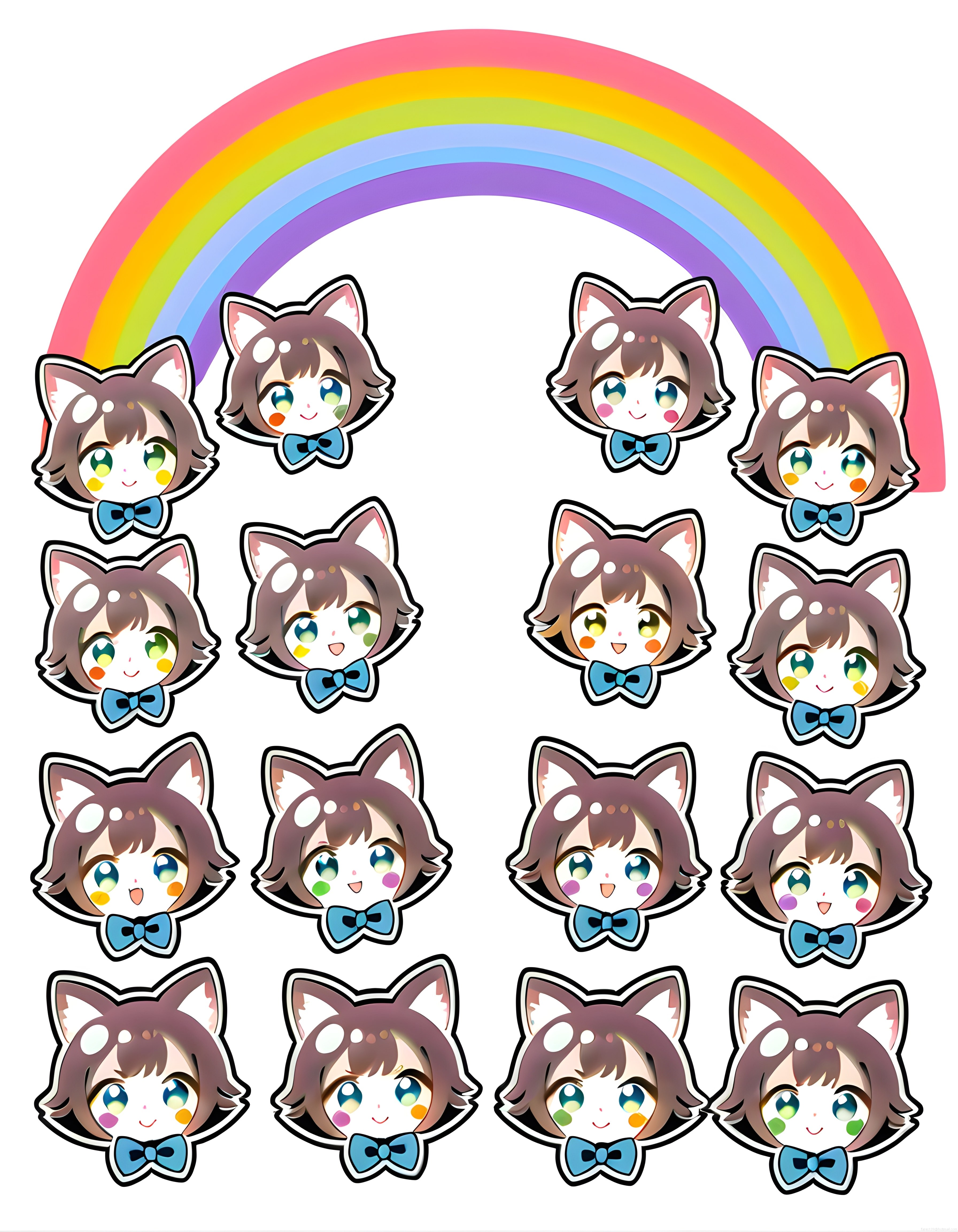 Gökkuşağı Altında Sıralanmış Sevimli Chibi Kedi Kız Dijital Çıkartma Seti