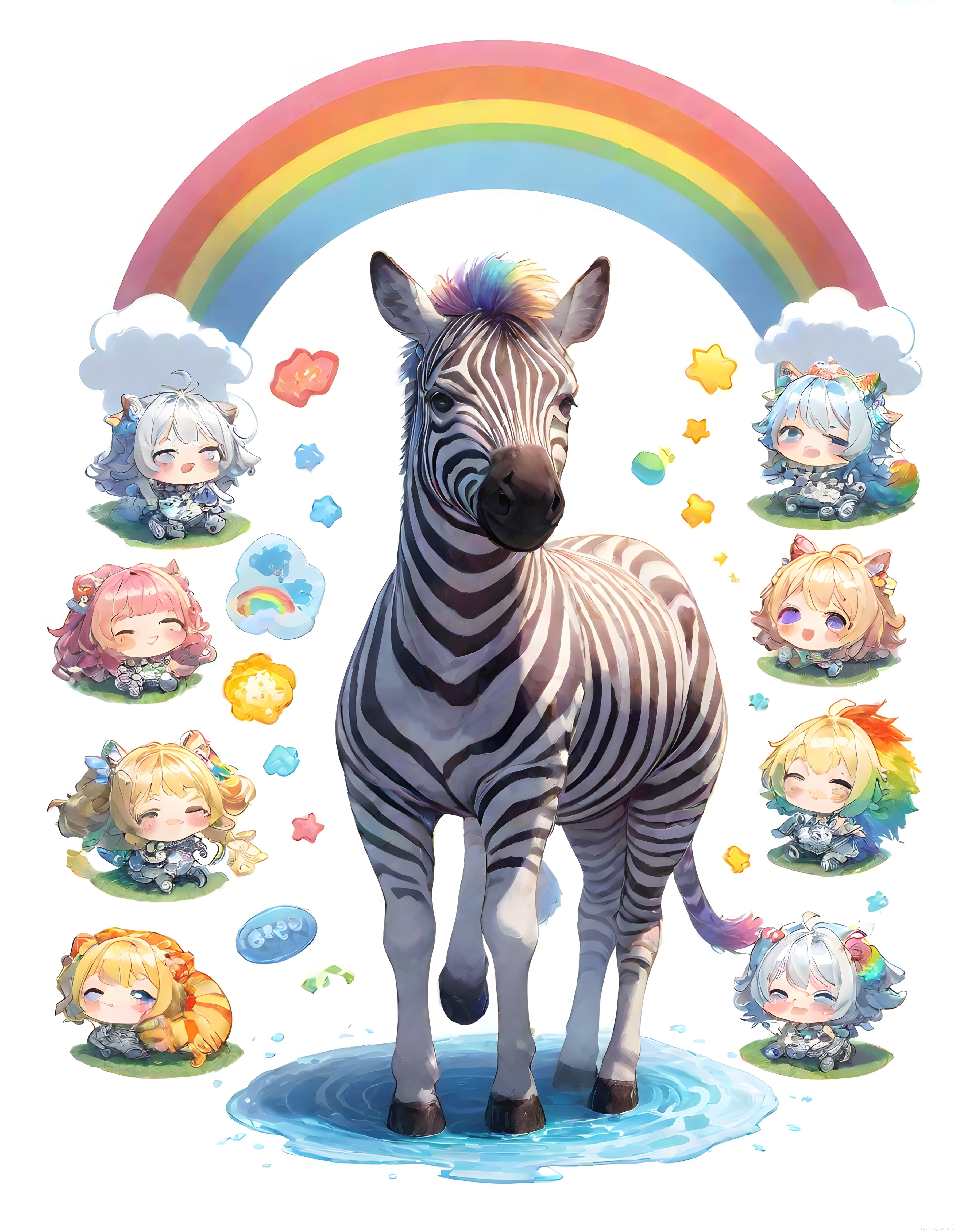 Gökkuşağı Altında Su Birikintisindeki Zebra ve Çevresindeki Sevimli Chibi Karakterler