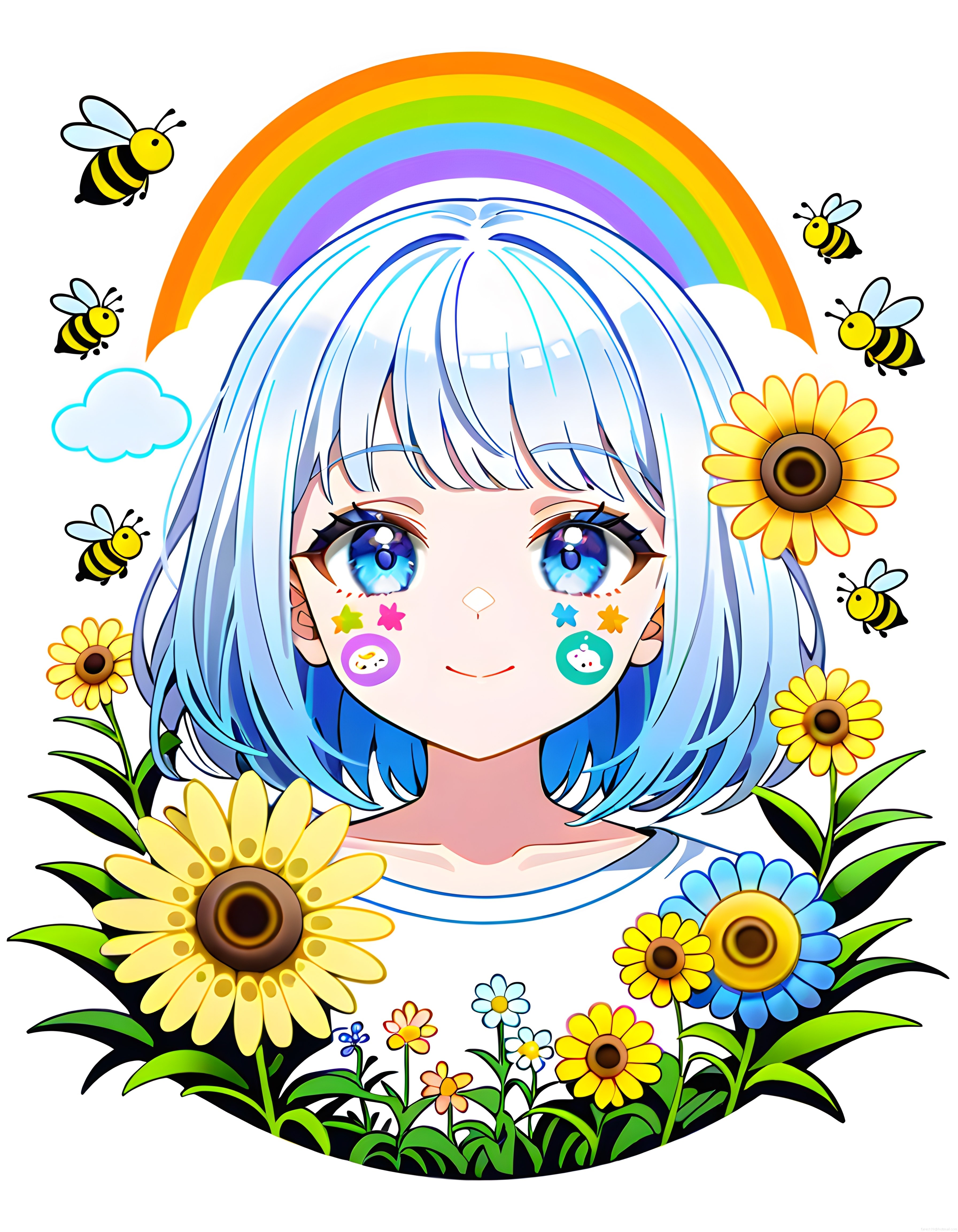 Gökkuşağı Altındaki Mavi Saçlı Sevimli Anime Kızı ve Bahar Çiçekleri