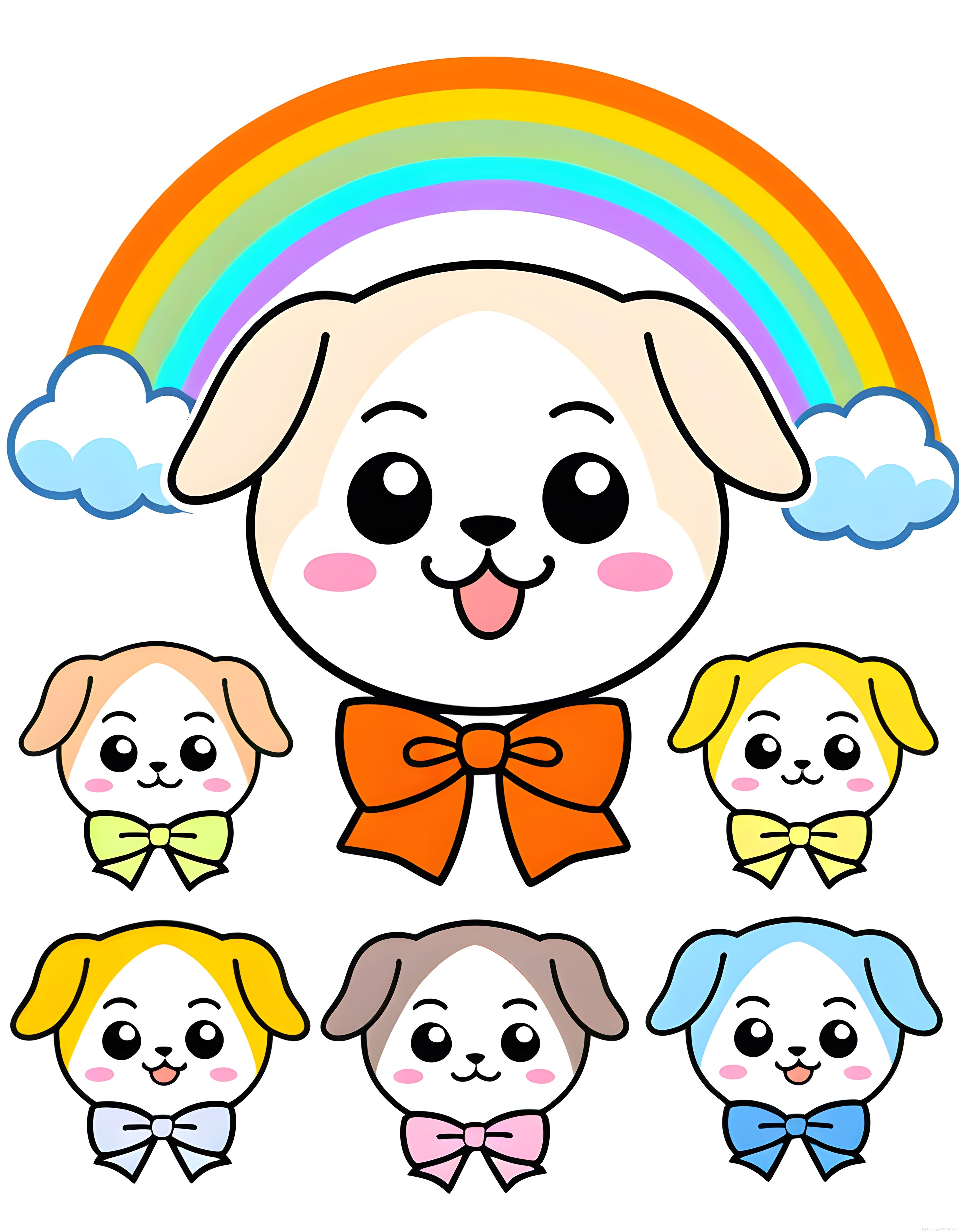 Gökkuşağı Altındaki Sevimli Kawaii Köpek Ailesi ve Renkli Papyonlar