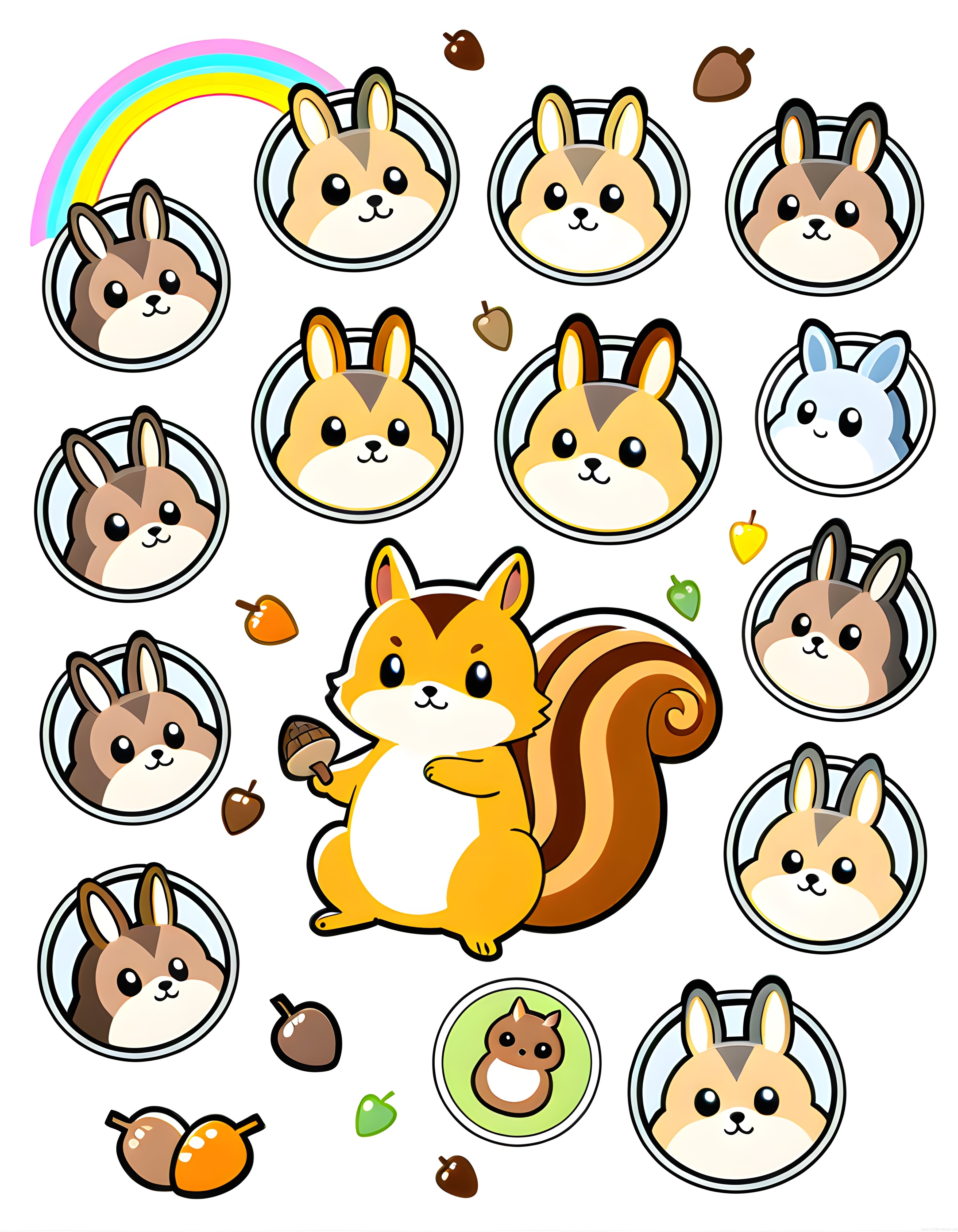 gökkuşağı altındaki sevimli sincap ailesi kawaii dijital sticker koleksiyonu