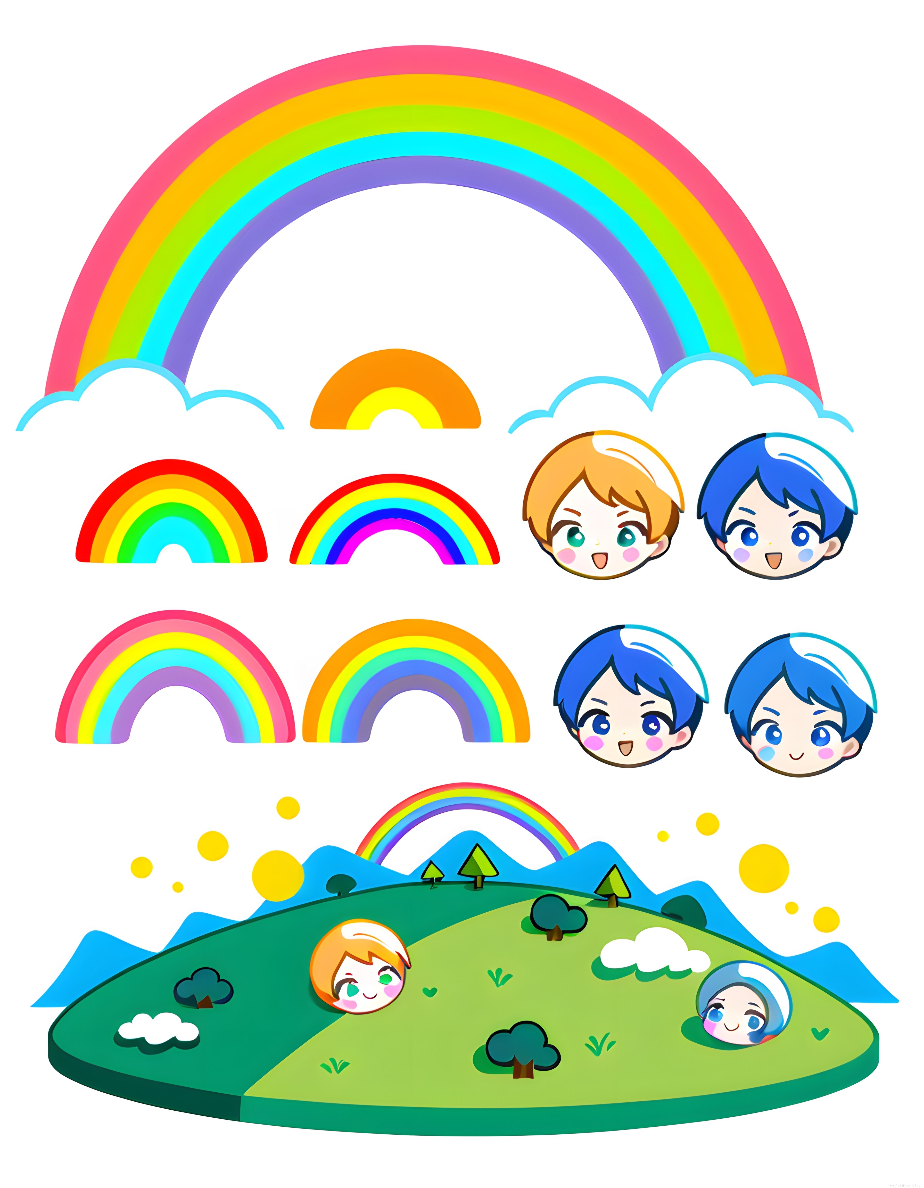 Gökkuşağı Anime Yüzler ve İzometrik Yeşil Vadi Sticker İllüstrasyon Paketi