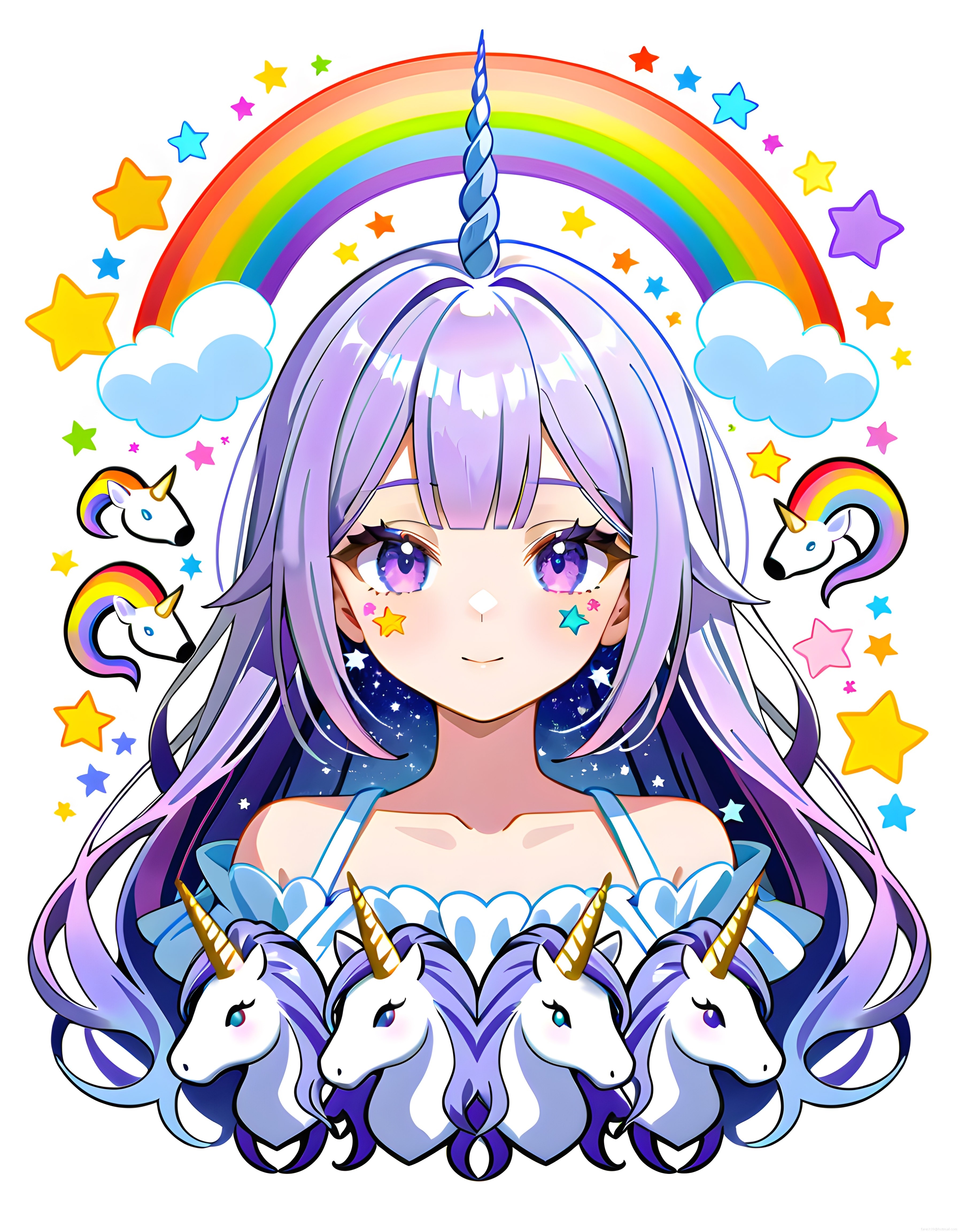 Gökkuşağı Arka Planlı Anime Unicorn Kız Dijital Sanat İllüstrasyonu