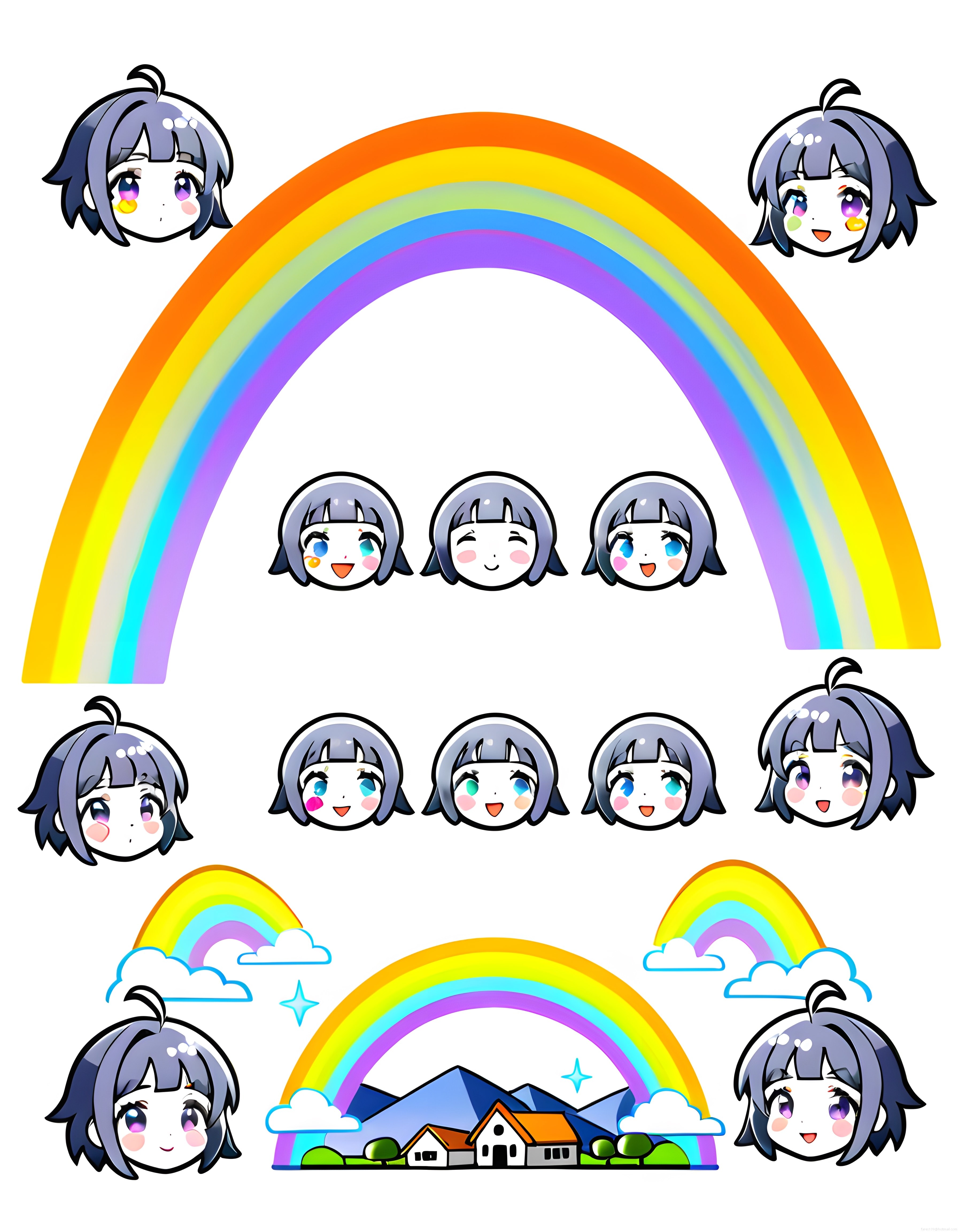 Gökkuşağı arka planlı chibi anime karakterleri ve sevimli dijital çıkartma