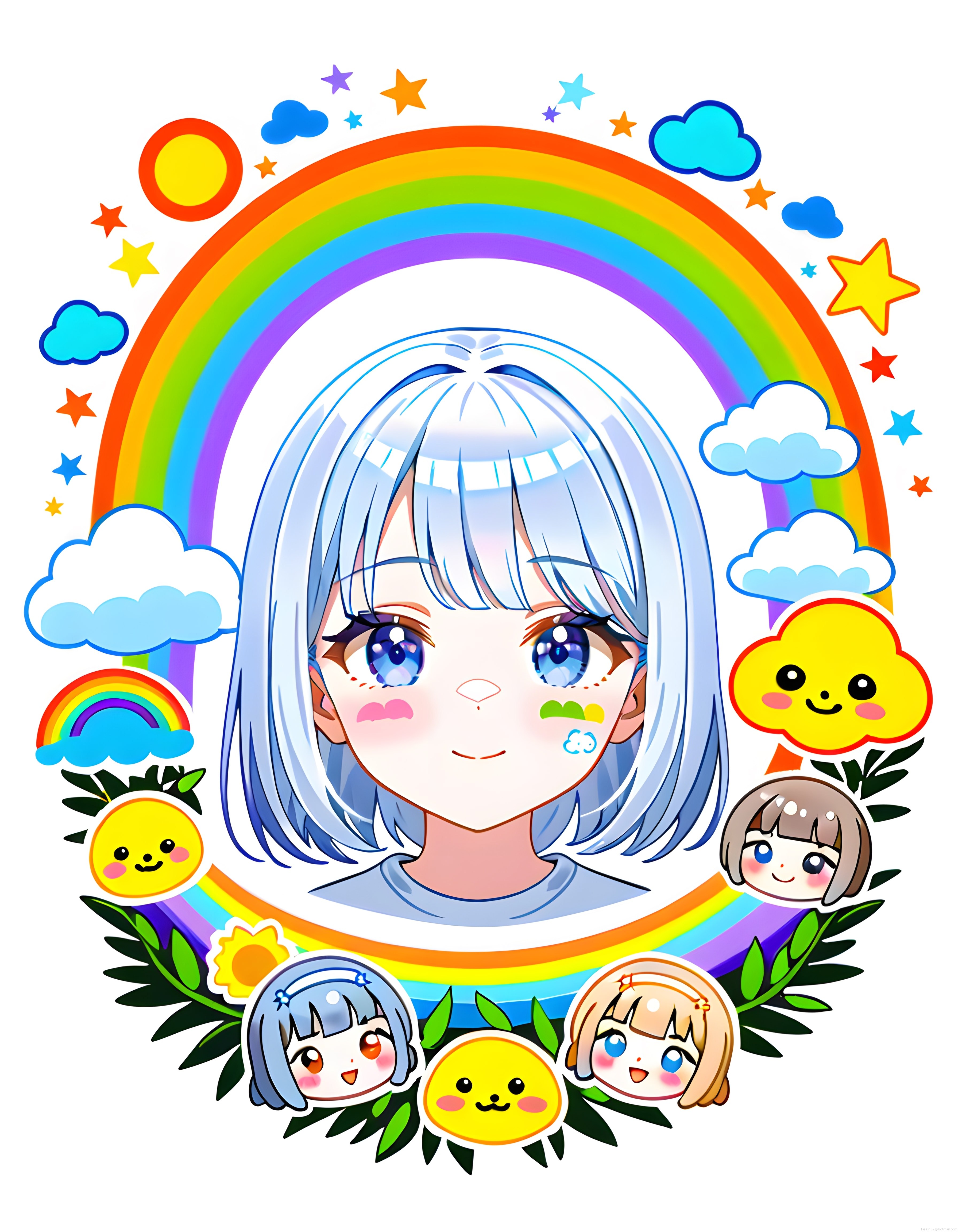 Gökkuşağı Arka Planlı Mavi Saçlı Anime Kız ve Sevimli Çiçekler Çizimi