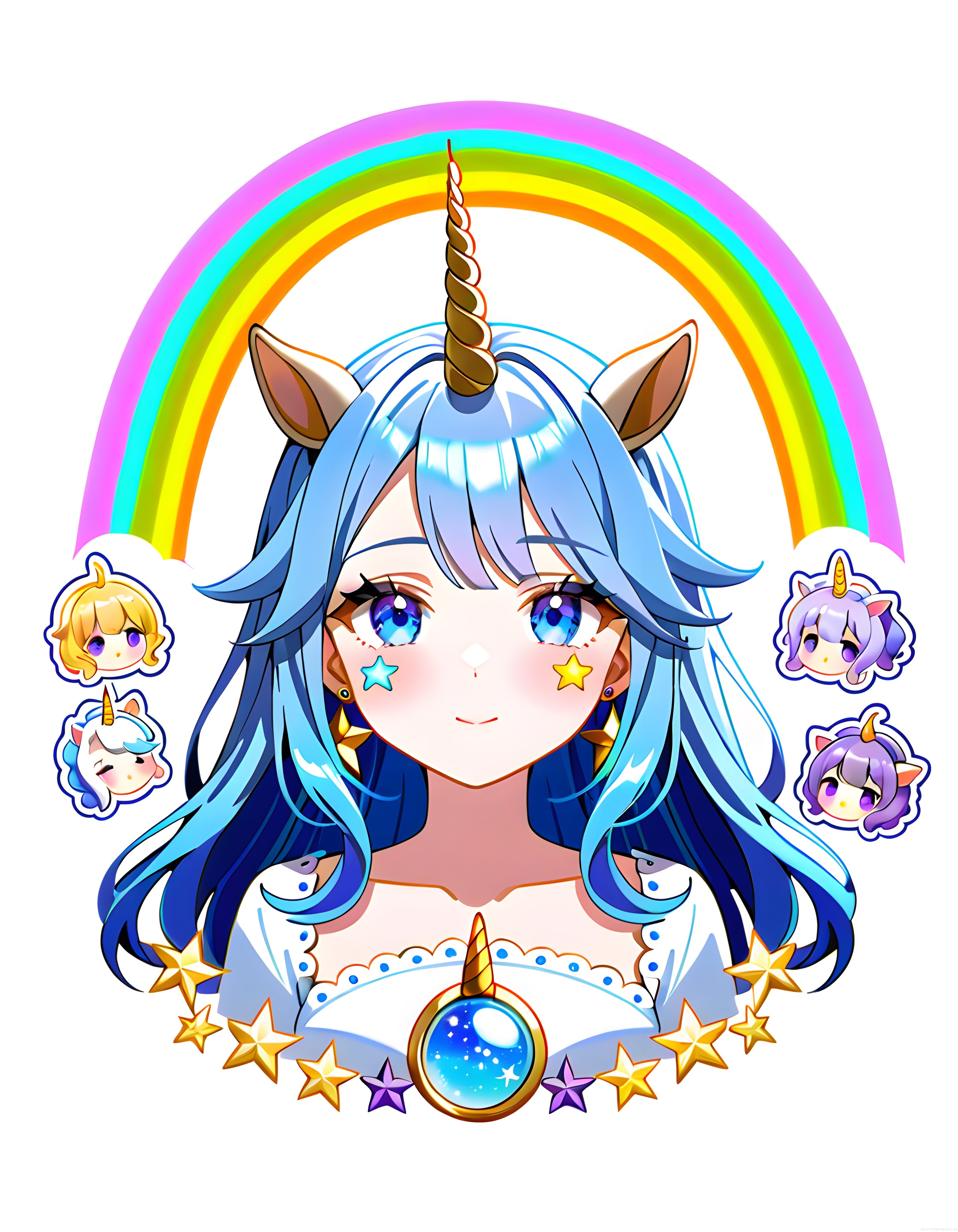 Gökkuşağı Arka Planlı Mavi Saçlı Unicorn Anime Kız Karakter İllüstrasyonu
