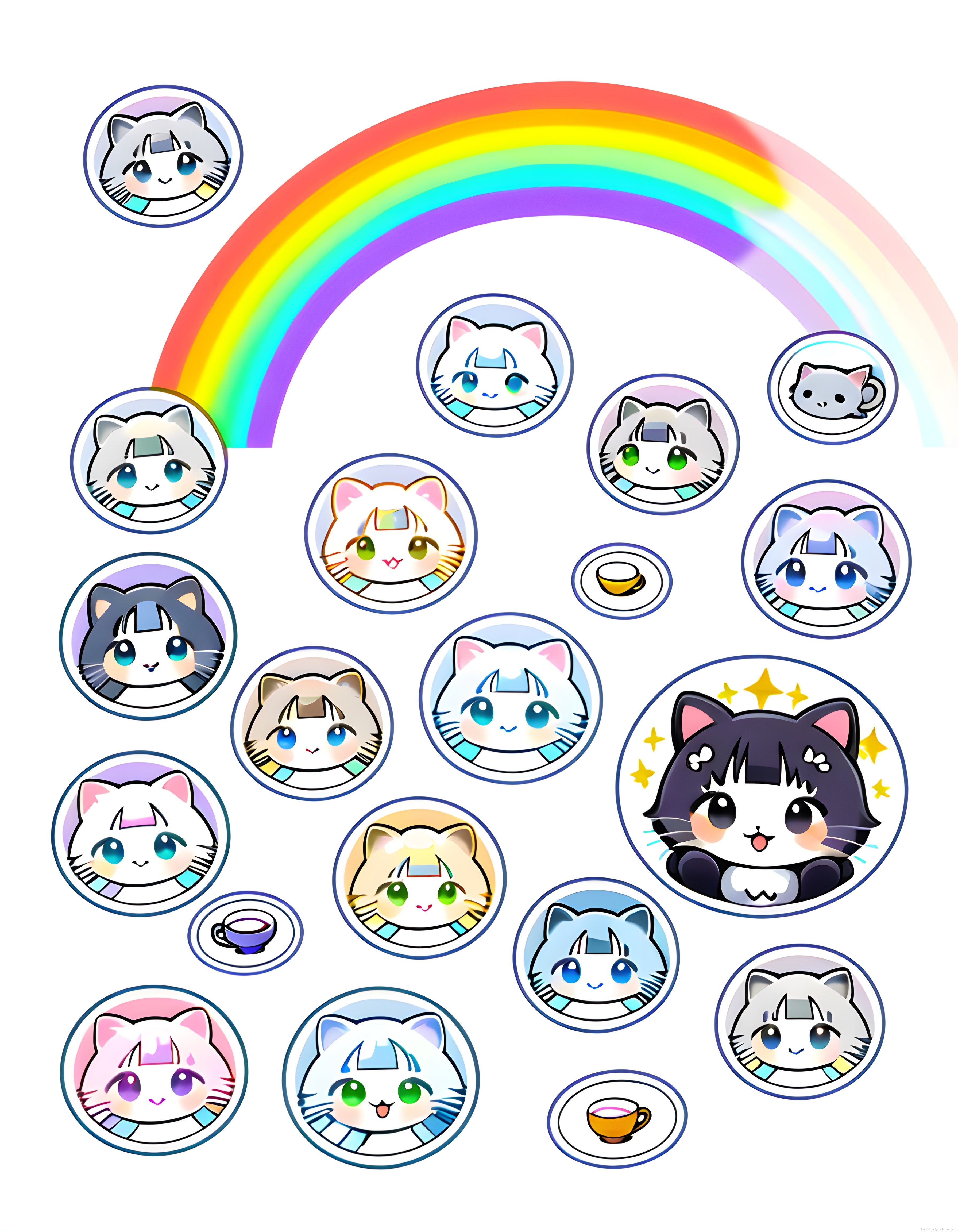 Gökkuşağı arka planlı sevimli anime kedi karakterleri ve kawaii sticker seti