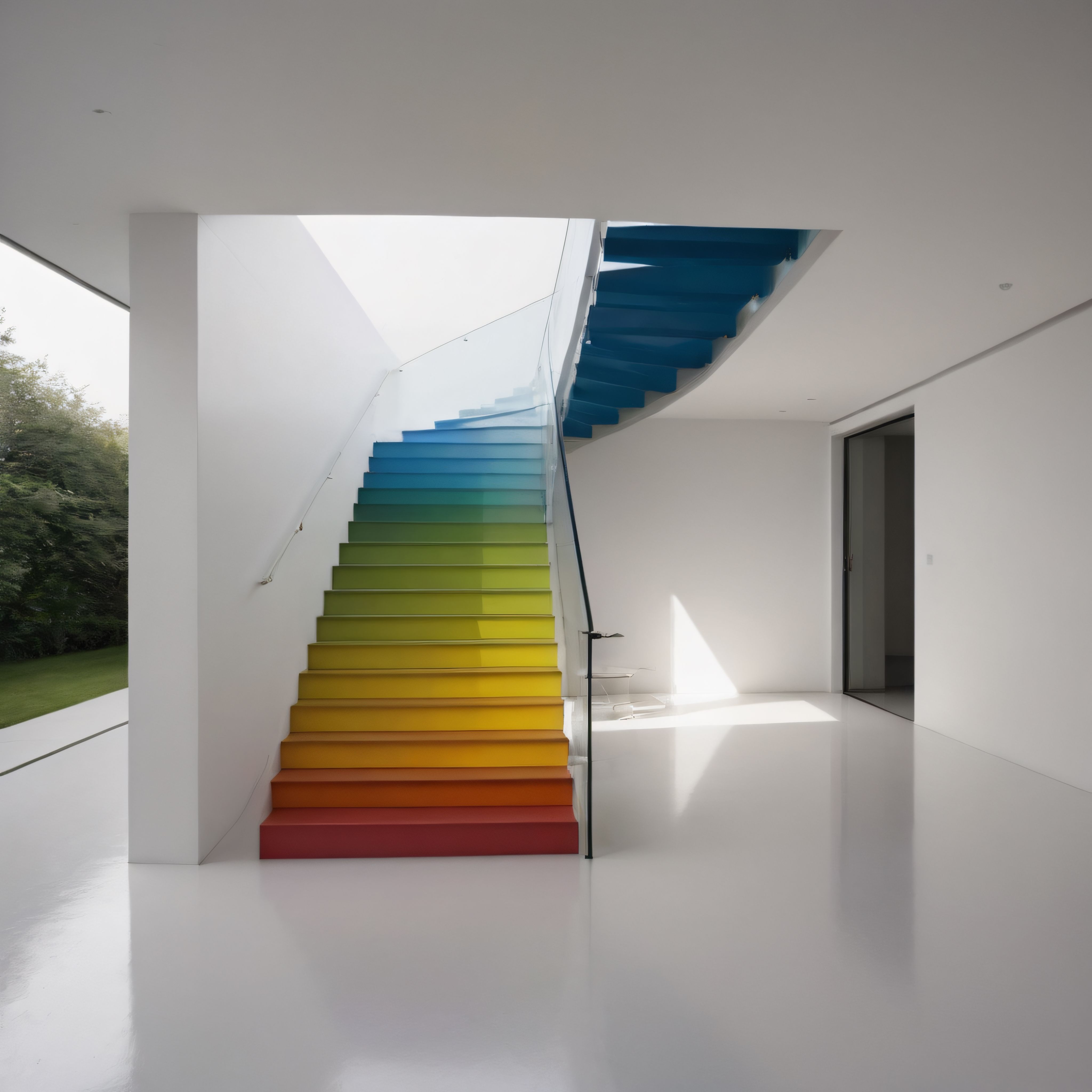 Gökkuşağı Basamaklı Modern Merdiven ve Minimalist Beyaz İç Mekan Tasarımı