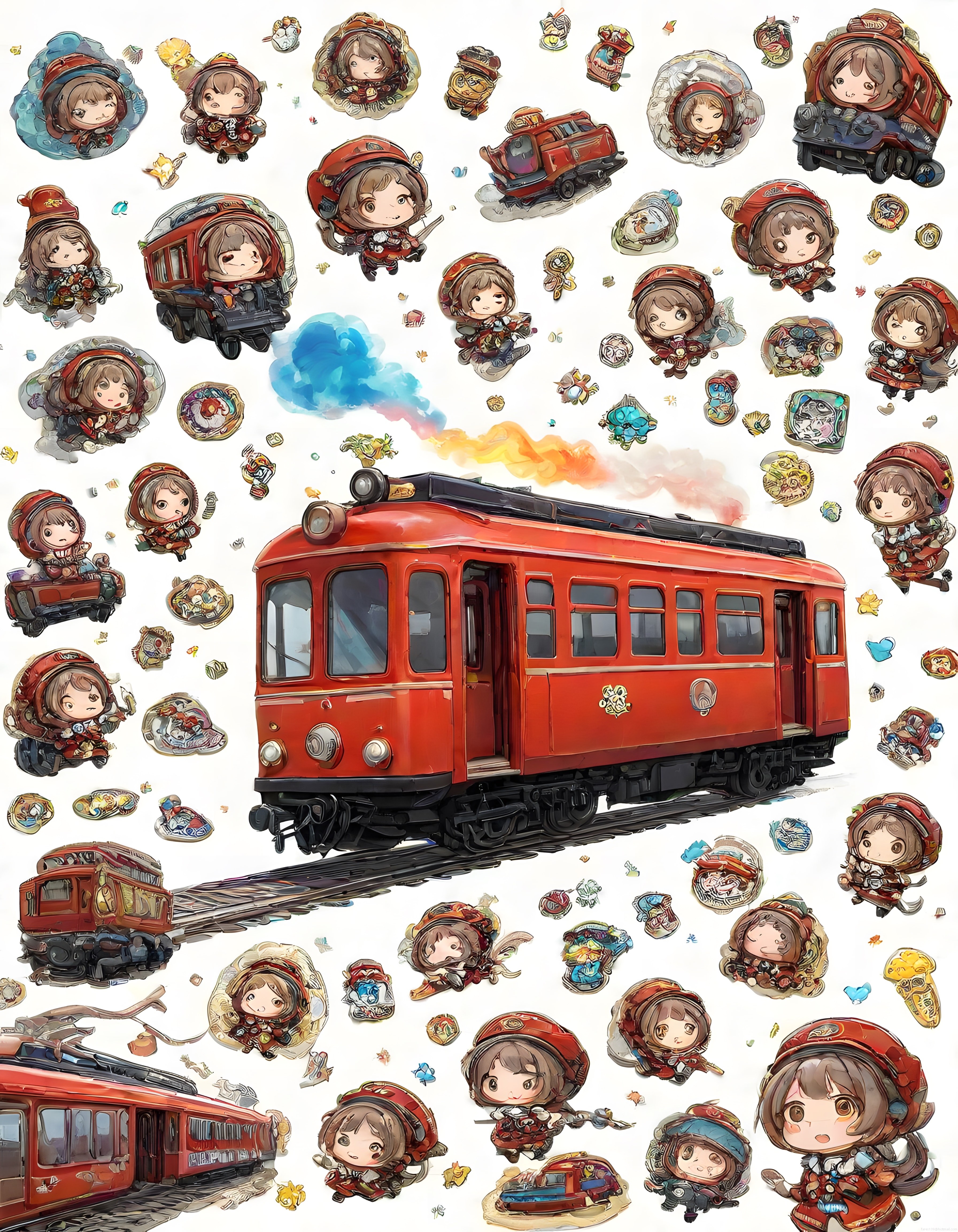 Gökkuşağı Buharlı Vintage Kırmızı Tren ve Chibi Anime Çıkartma Koleksiyonu