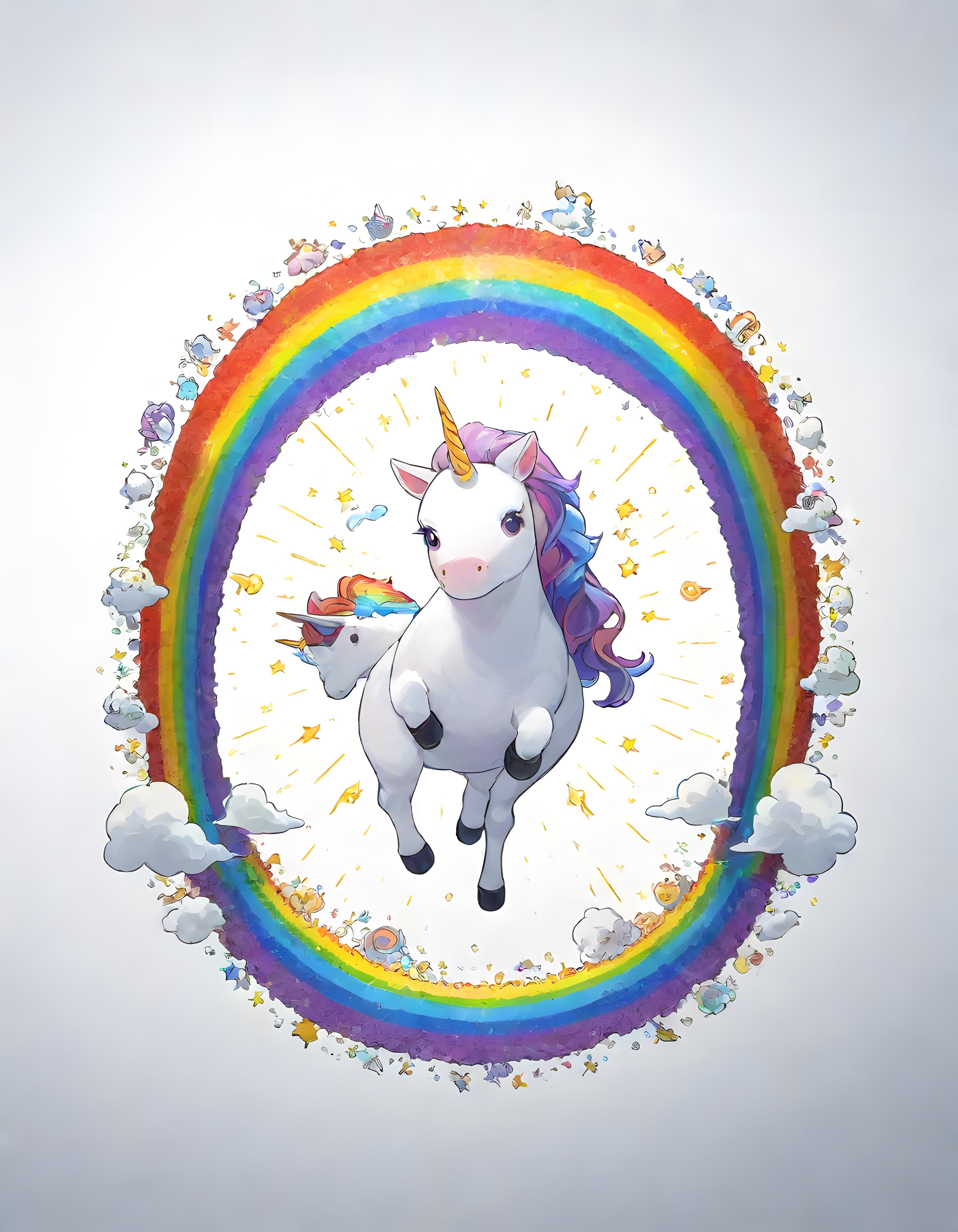 Gökkuşağı Çemberinin İçinde Büyülü Unicorn ve Parıltılı Yıldızlar