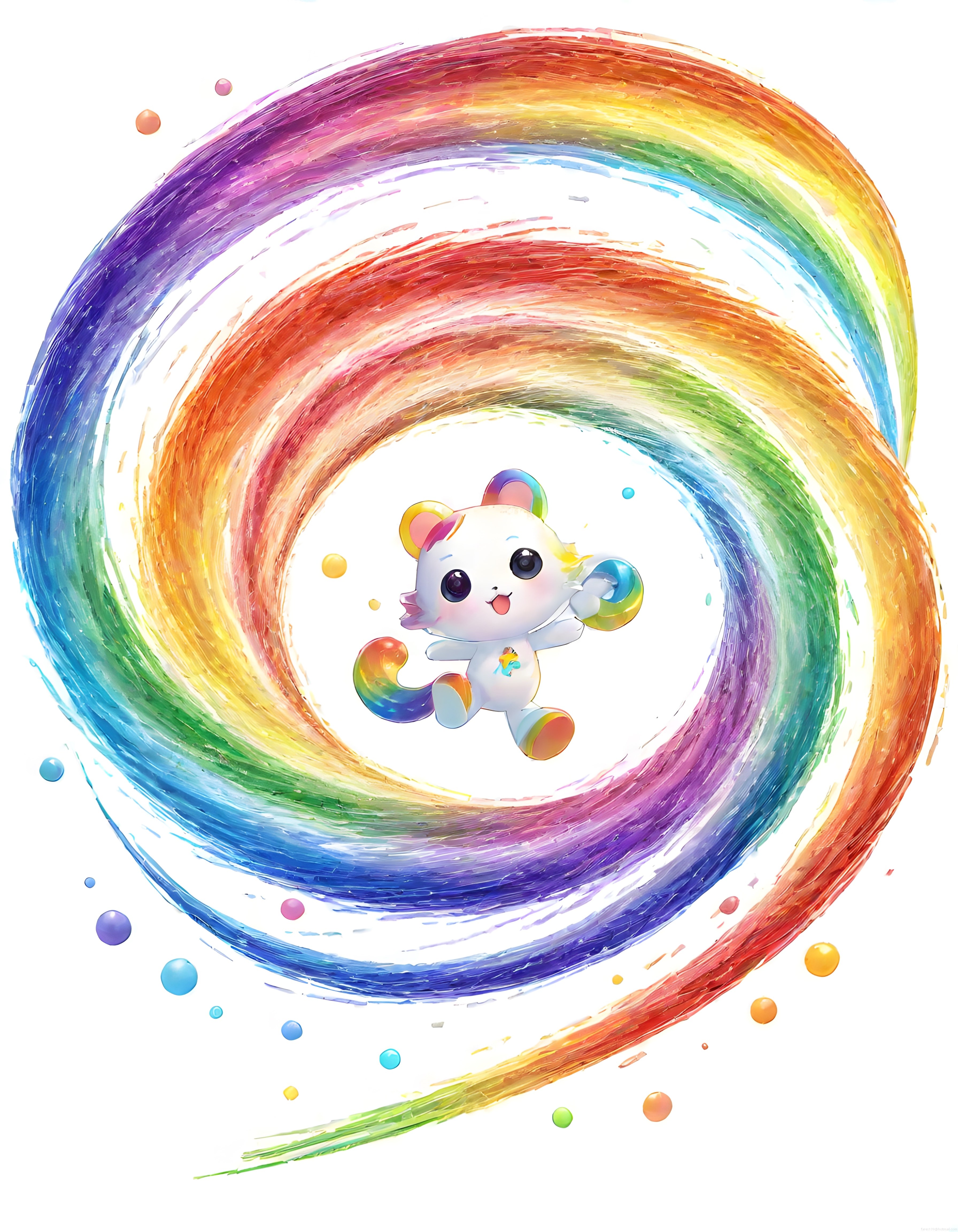Gökkuşağı Çemberleri Arasında Neşeyle Dans Eden Sevimli Kawaii Karakter Sanatı