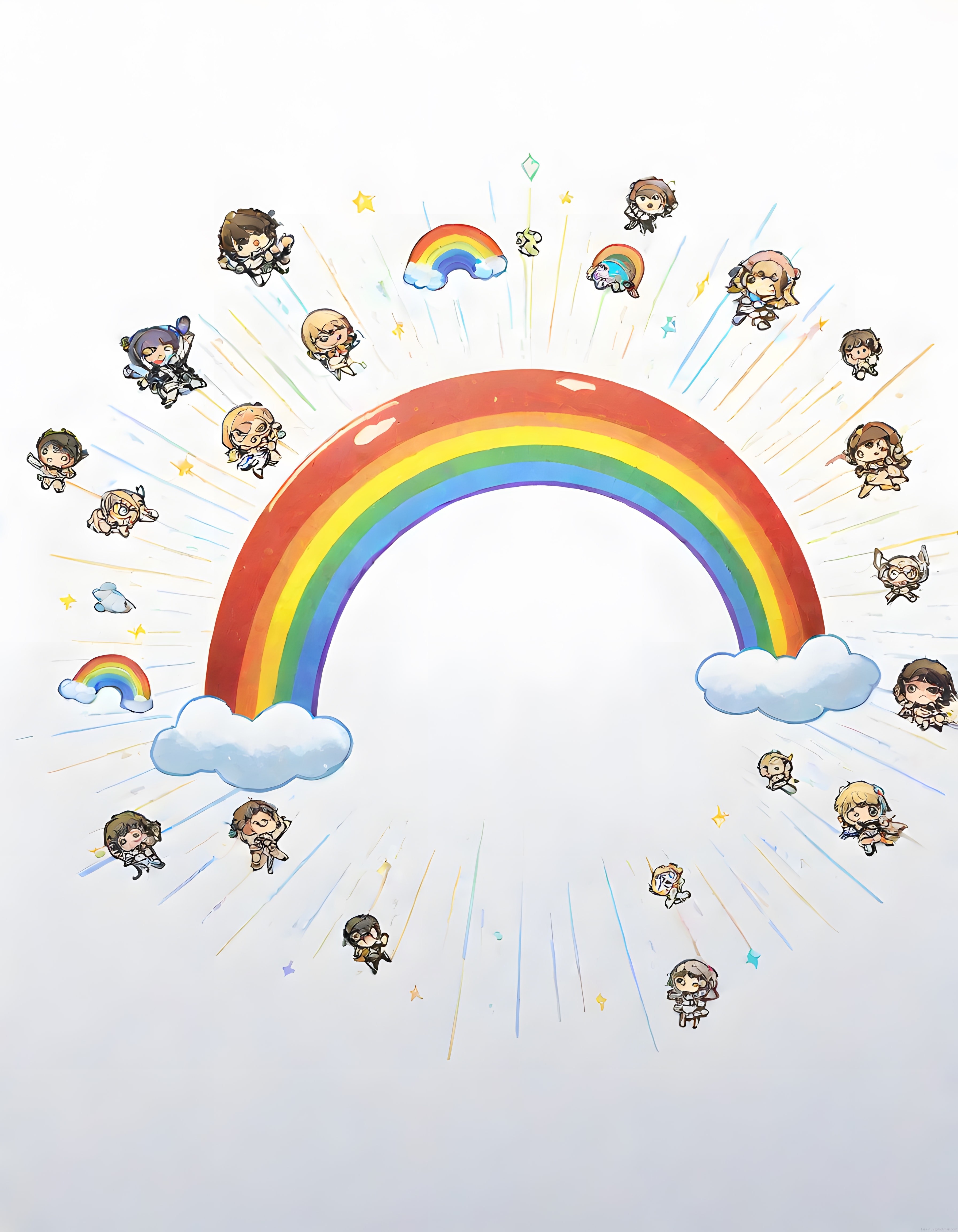 Gökkuşağı Etrafında Uçan Sevimli Chibi Anime Karakterleri ile Renkli Animasyon