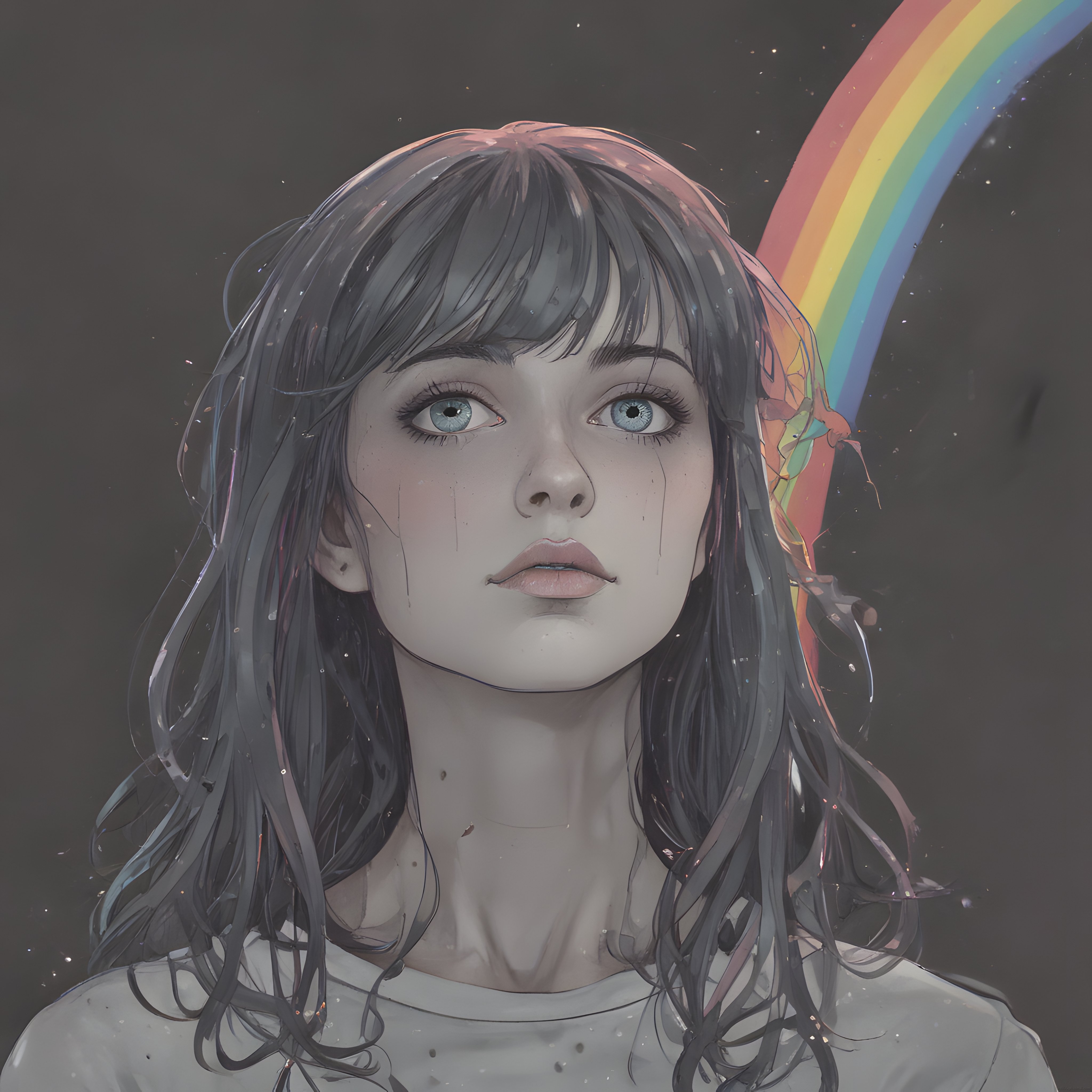 Gökkuşağı Işığındaki Melankolik Dijital Anime Portre ve Cam Kırıkları Gökkuşağı Işığındaki Melankolik Dijital Anime Portre ve Cam Kırıkları