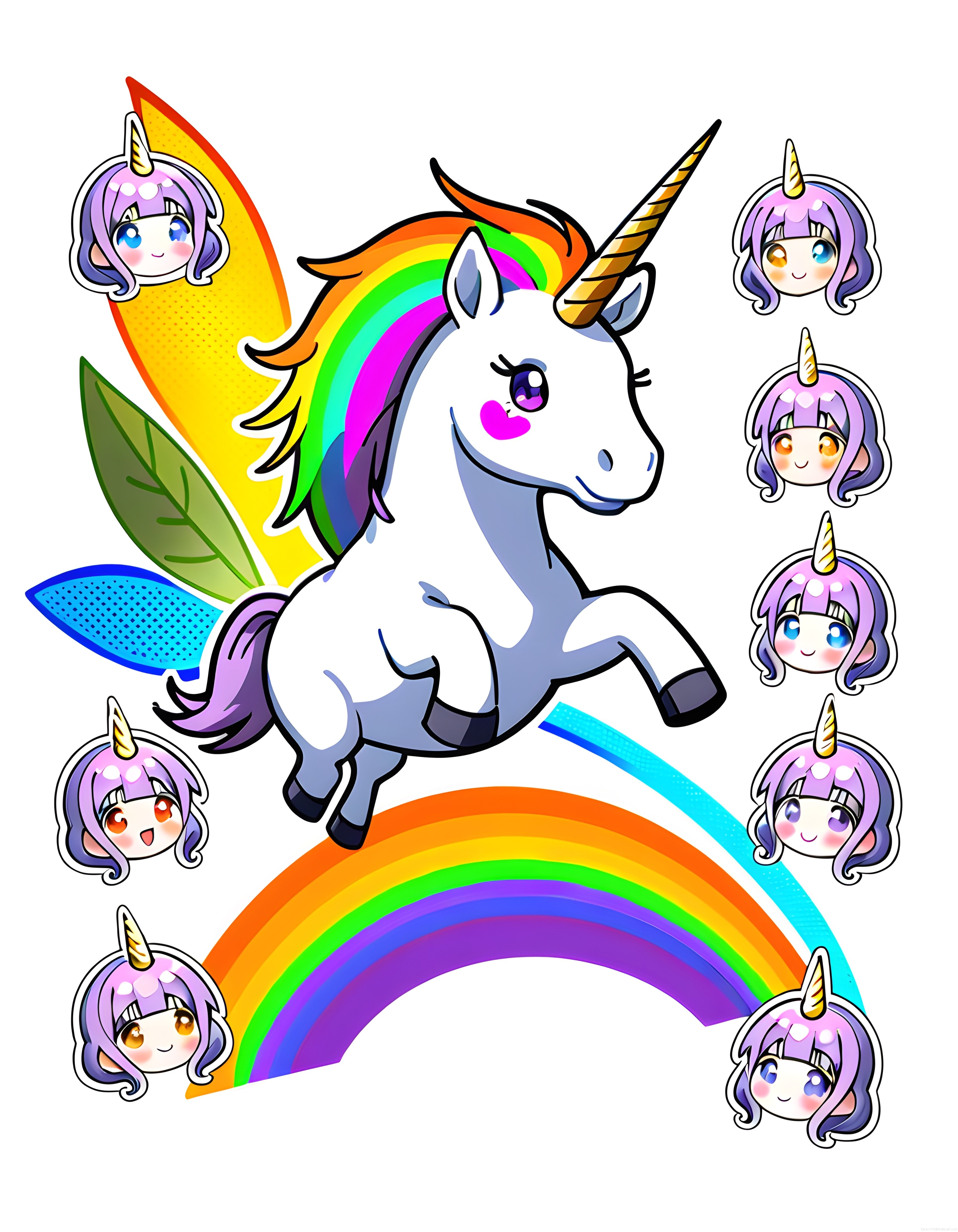 Gökkuşağı Kanatlı Unicorn ve Chibi Kız Yüzleri: Sevimli Dijital Sticker Seti