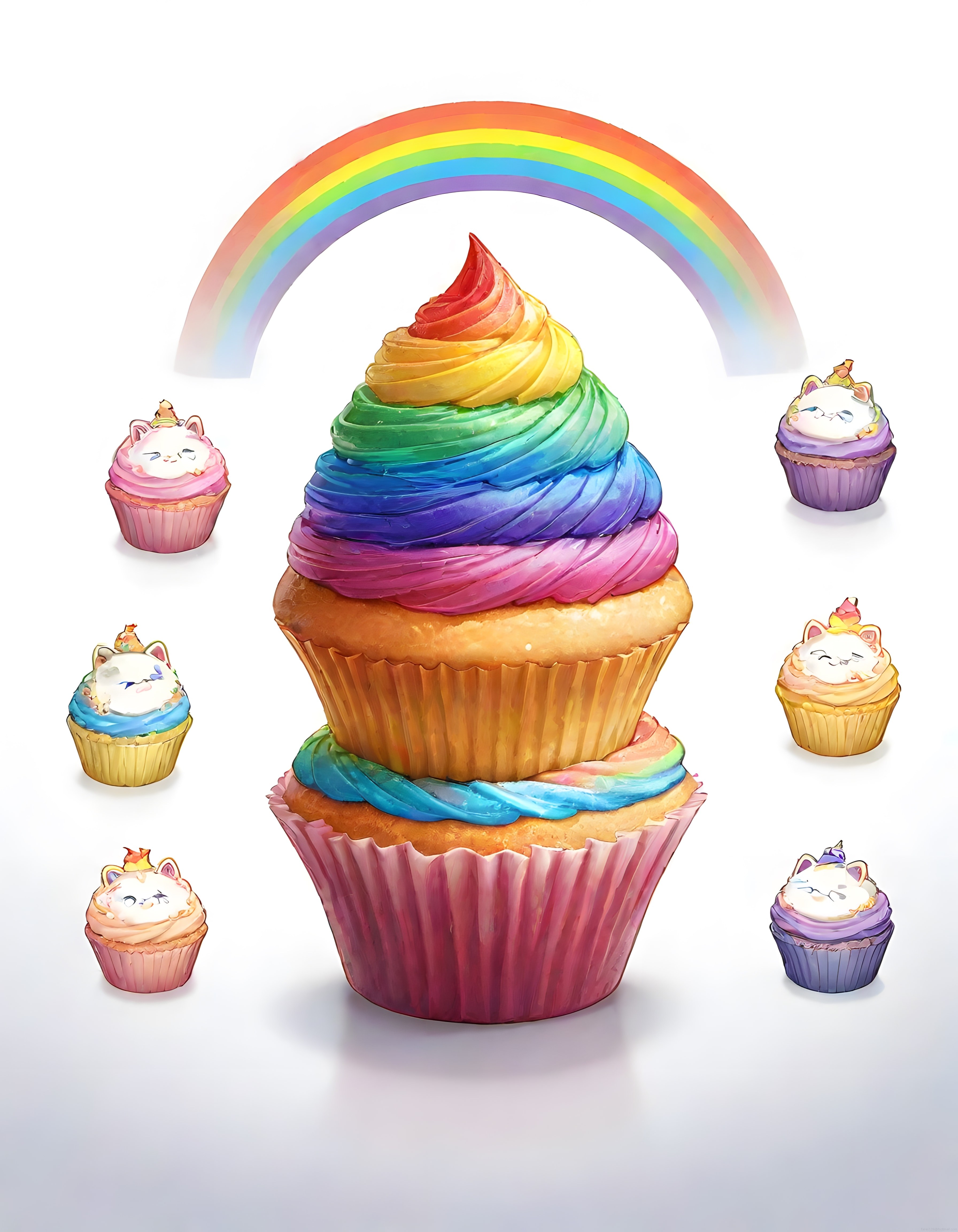 Gökkuşağı Kremalı Dev Cupcake ve Etrafındaki Sevimli Unicorn Kediler