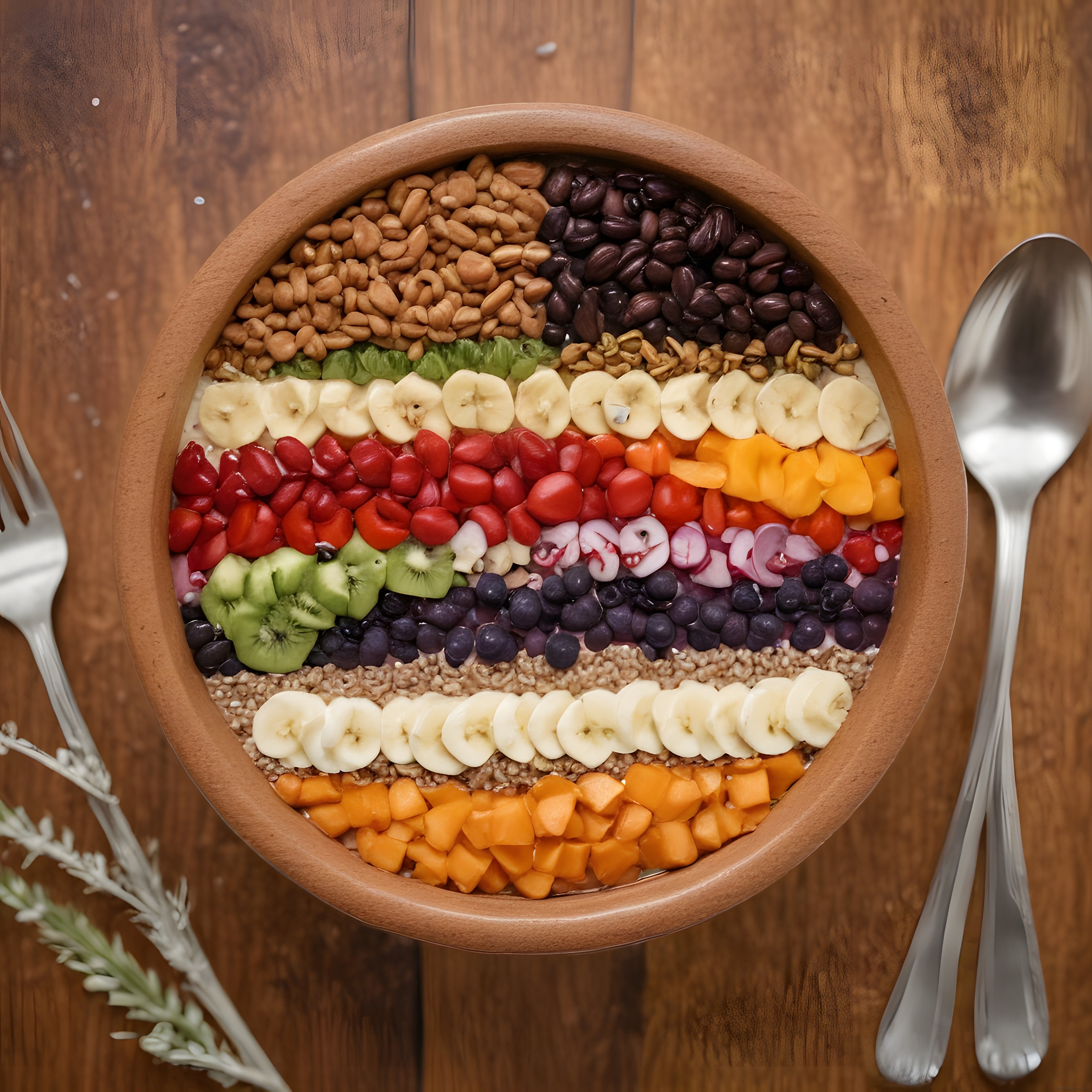 Gökkuşağı meyveli ahşap kase: sağlıklı smoothie bowl ve vegan beslenme