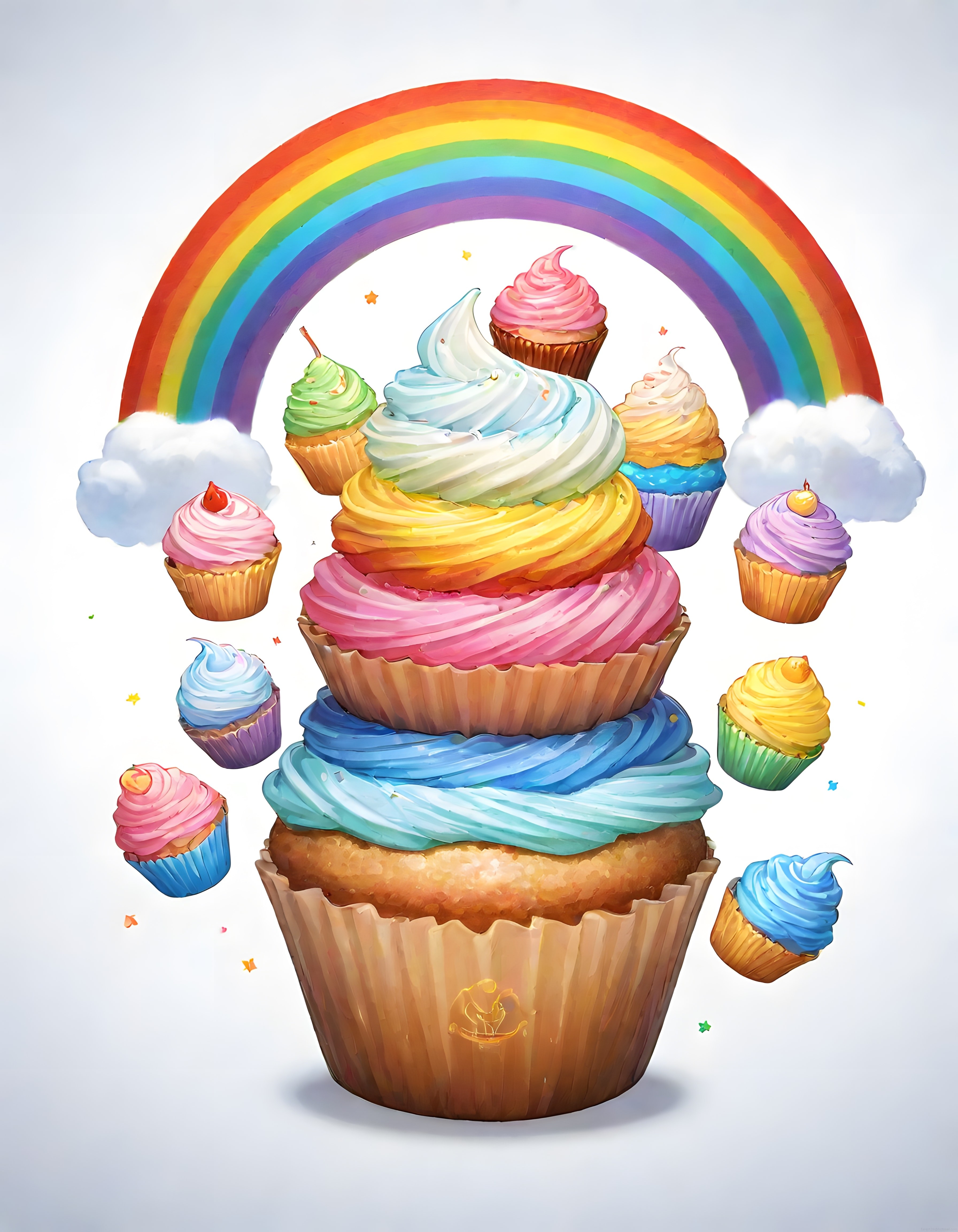Gökkuşağı Renklerinde Dev Cupcake Kulesi ve Uçan Tatlılar Masalsı İllüstrasyon