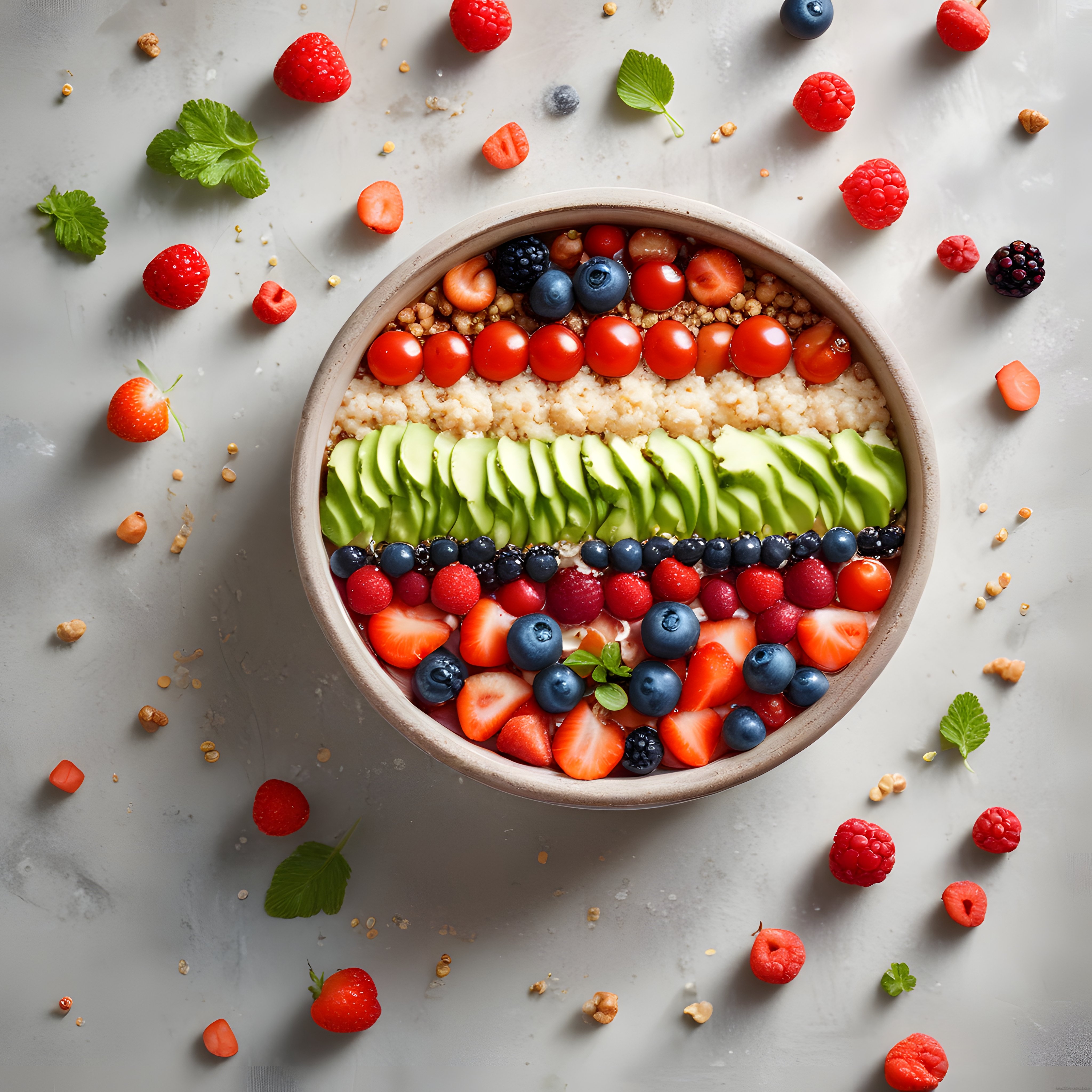 Gökkuşağı Renklerinde Meyveli Avokadolu Sağlıklı Smoothie Bowl Kahvaltı Kasesi