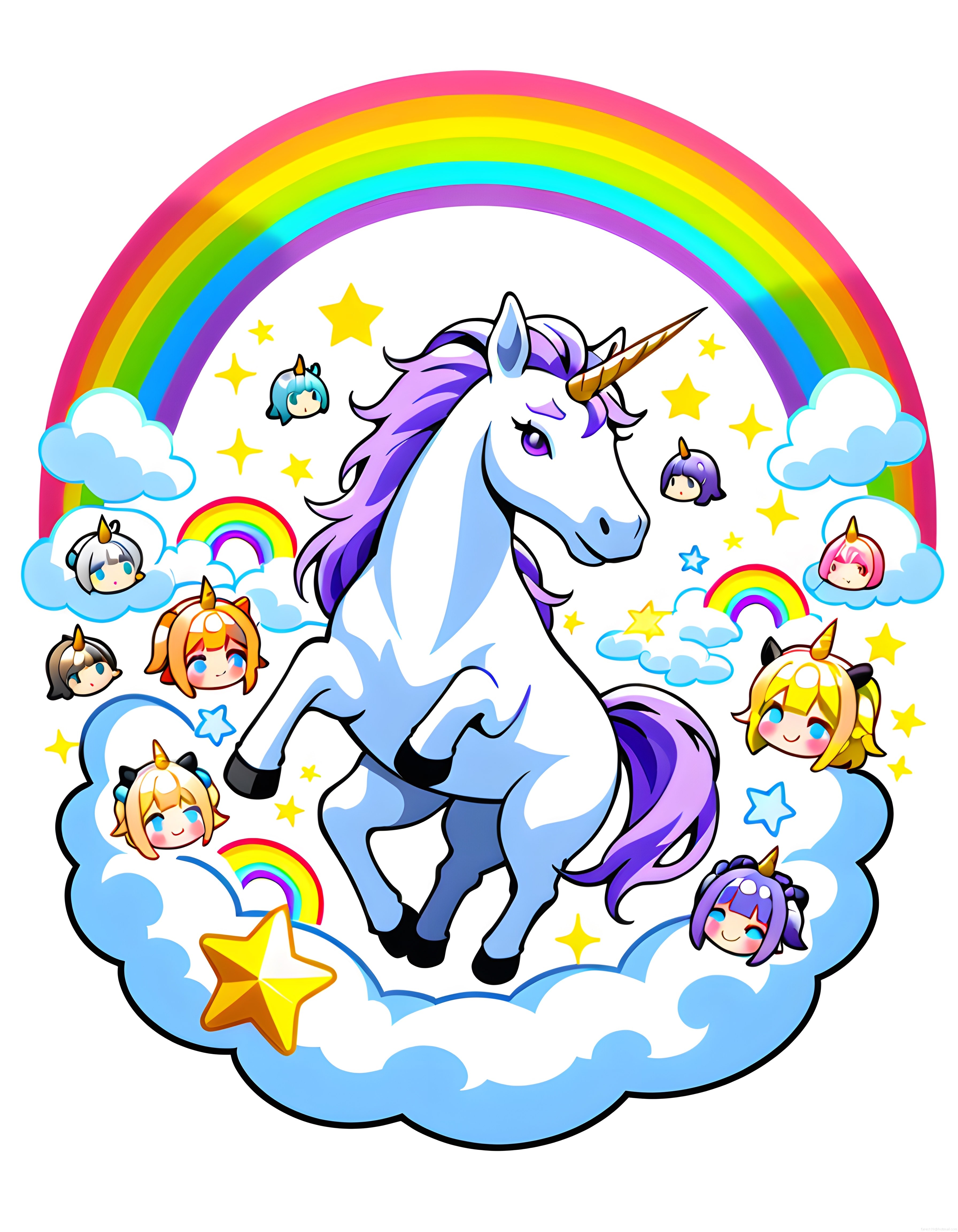 Gökkuşağı Renklerinde Süslenmiş Masalsı Bulutların Üzerinde Büyülü Unicorn